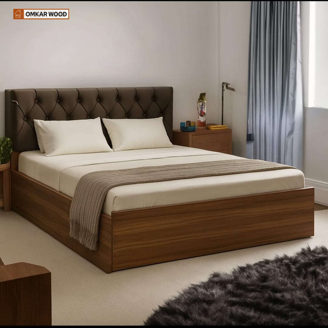 OmkarWood Premium Queen Size Bed with Cushioned Headboard & Box Storage
