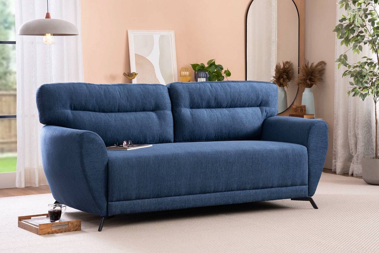 Navy Blue Fabric 3-Seater Sofa – Modern Design with Plush Comfort