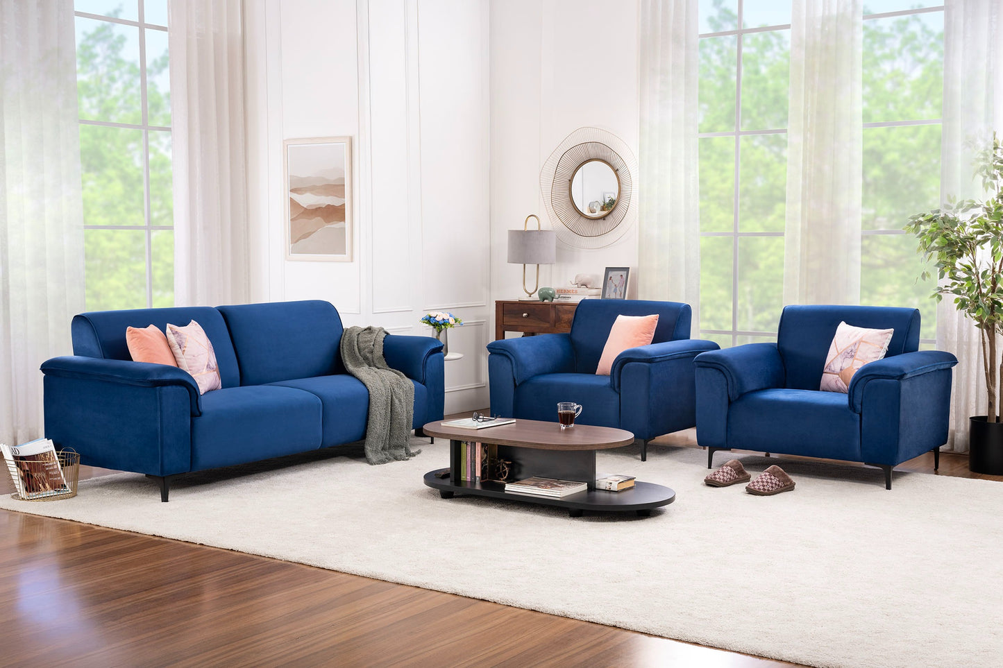 Sapphire Blue Velvet 5-Seater Sofa Set (3+1+1) – Elegant & Comfortable Living Room Furniture