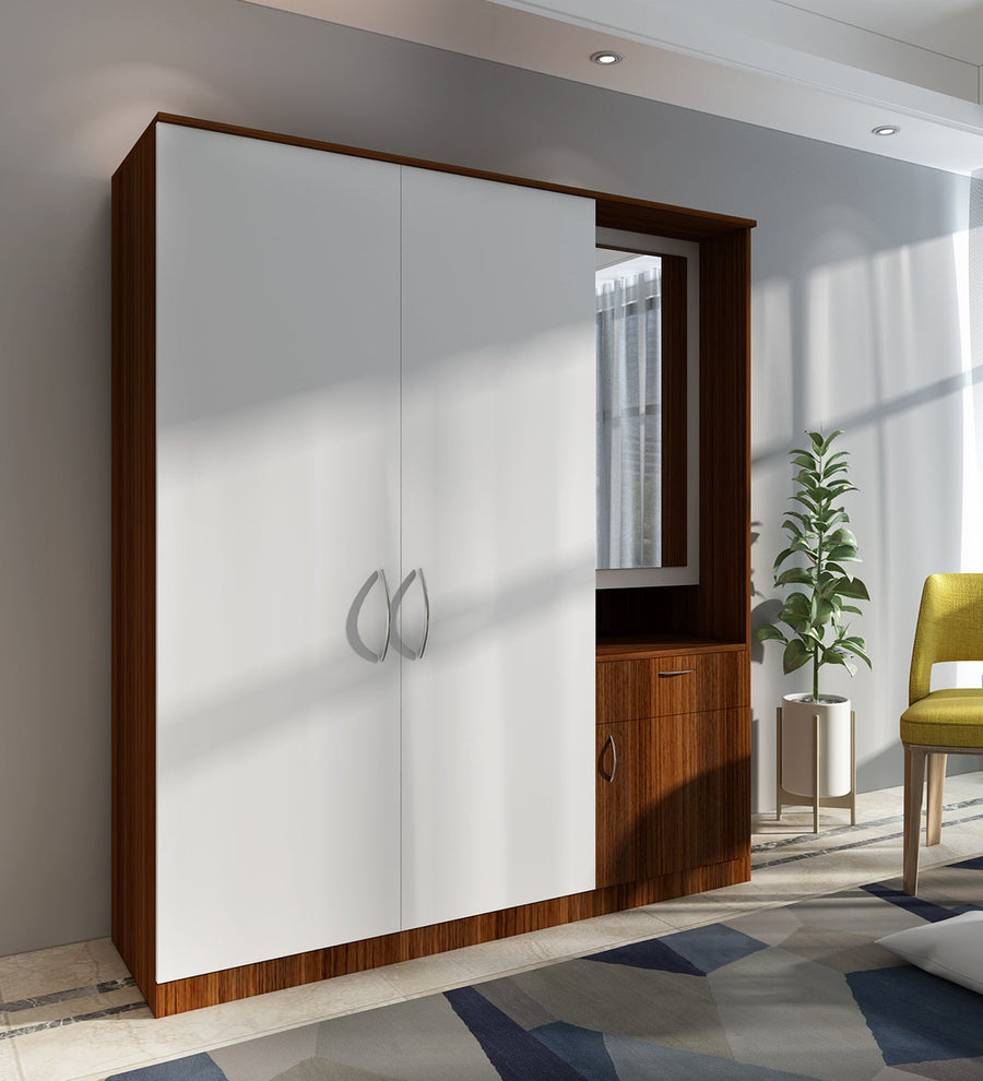 Large Wardrobe cum Dresser | Walnut and Frosty White Without Mirror