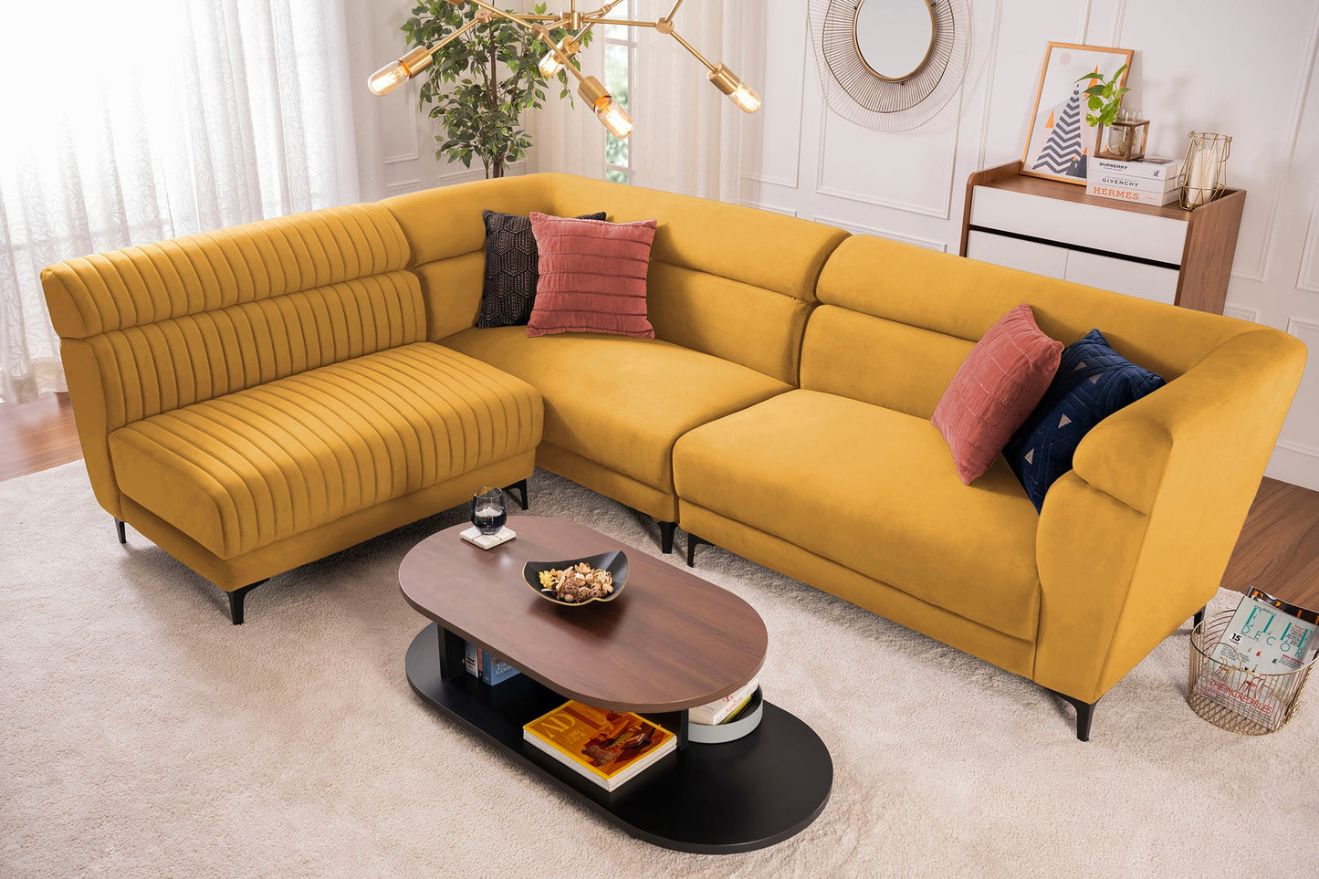Mustard Yellow Velvet L-Shape Sofa – Spacious Sectional with Modern Quilted Design
