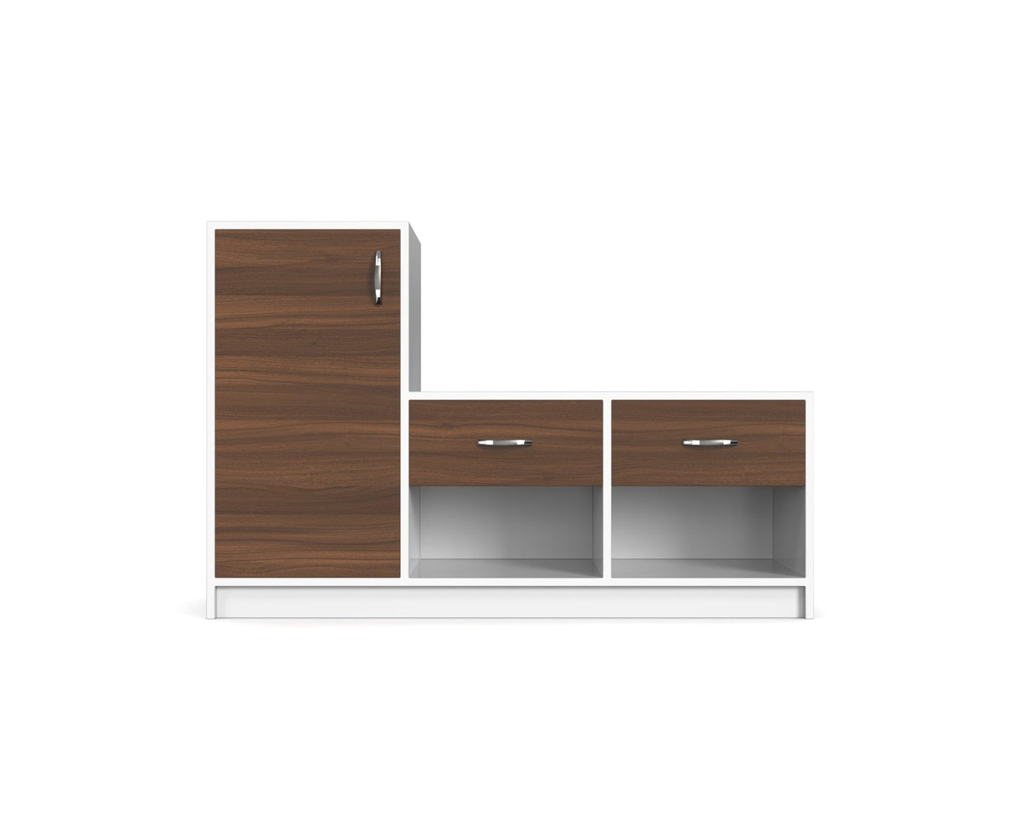 Modern Shoe Rack with Tall Cabinet & Dual Drawers – White & Walnut Finish