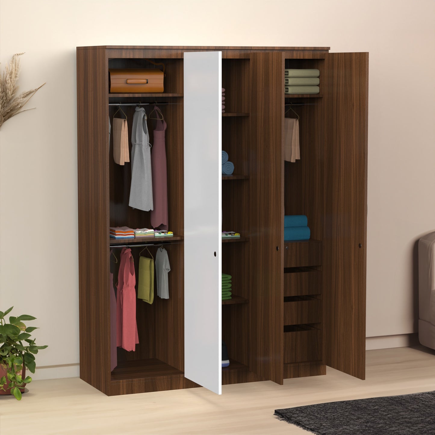 OmkarWood 3 Door Wardrobe with Hanging Space & Shelves