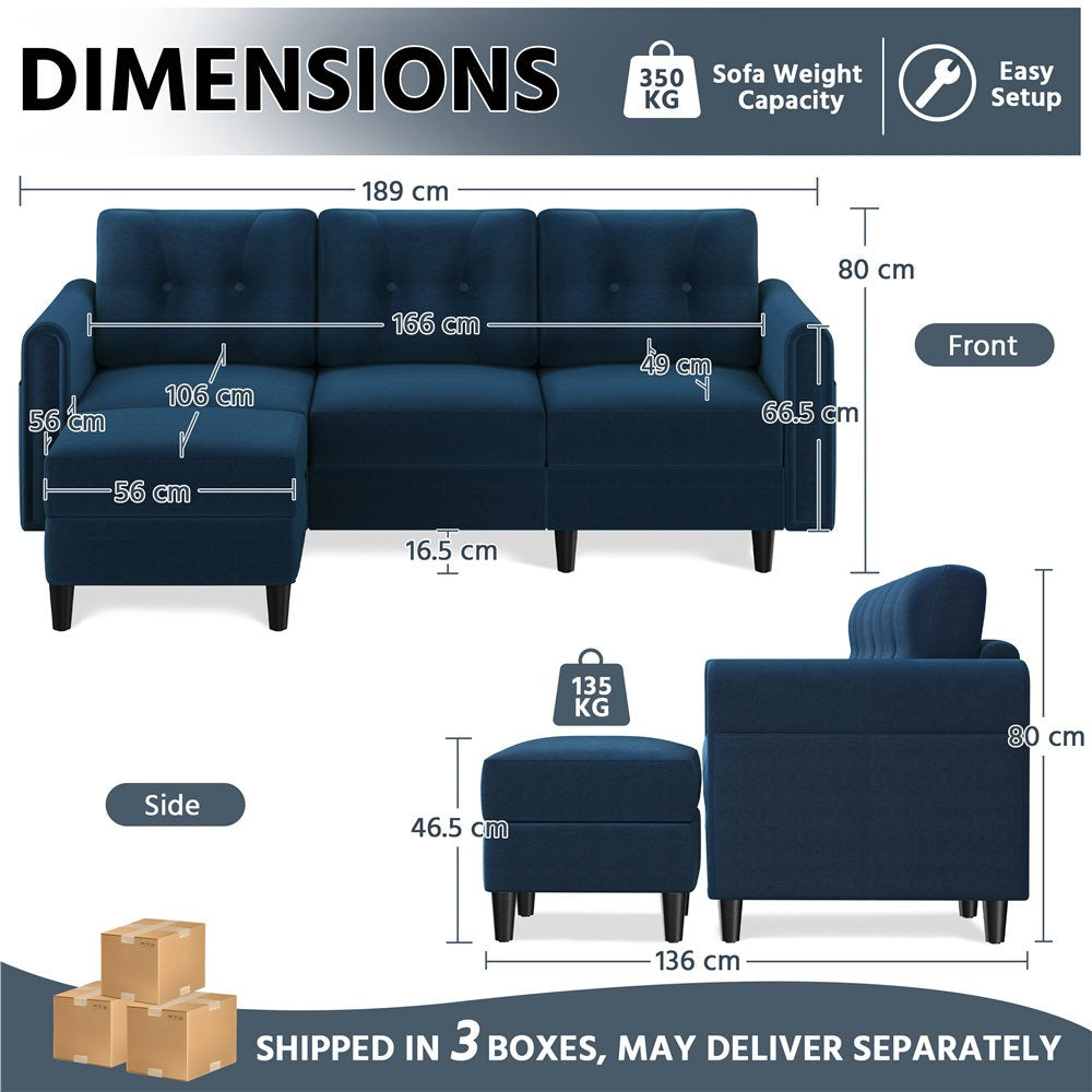 Sectional Sofa with Ottoman Reversible 3-Seater Chaise Lounge
