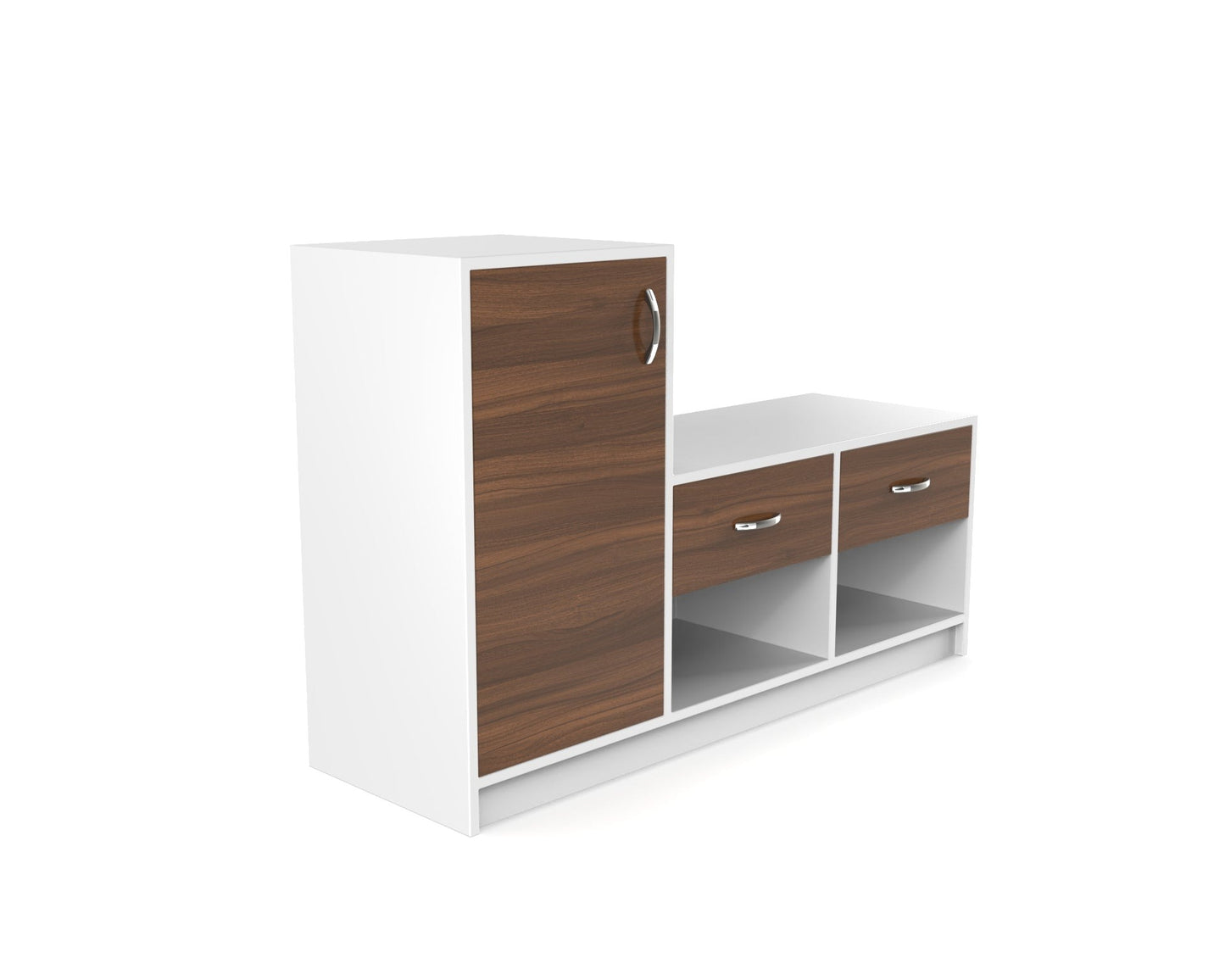 Modern Shoe Rack with Tall Cabinet & Dual Drawers – White & Walnut Finish