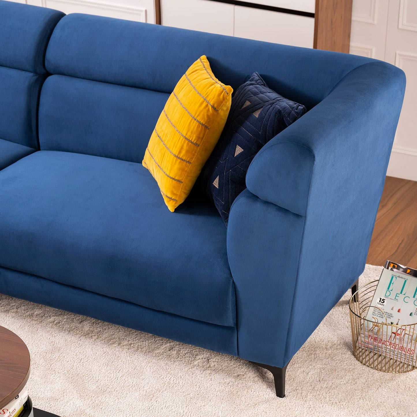 Sapphire Blue Velvet Fabric L-Shape Sofa – Modern Corner Sofa for Living Room