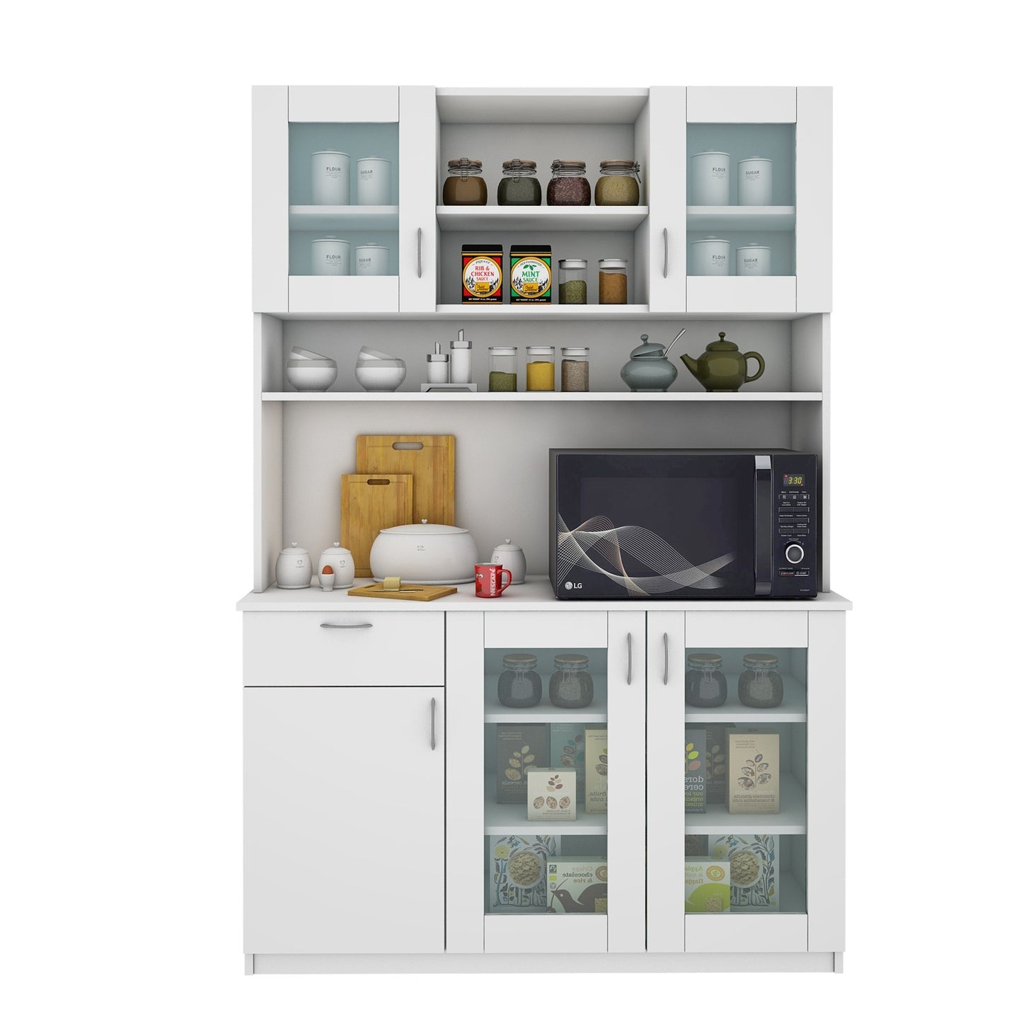 Large Crockery & Microwave Storage Cabinet with Glass Doors