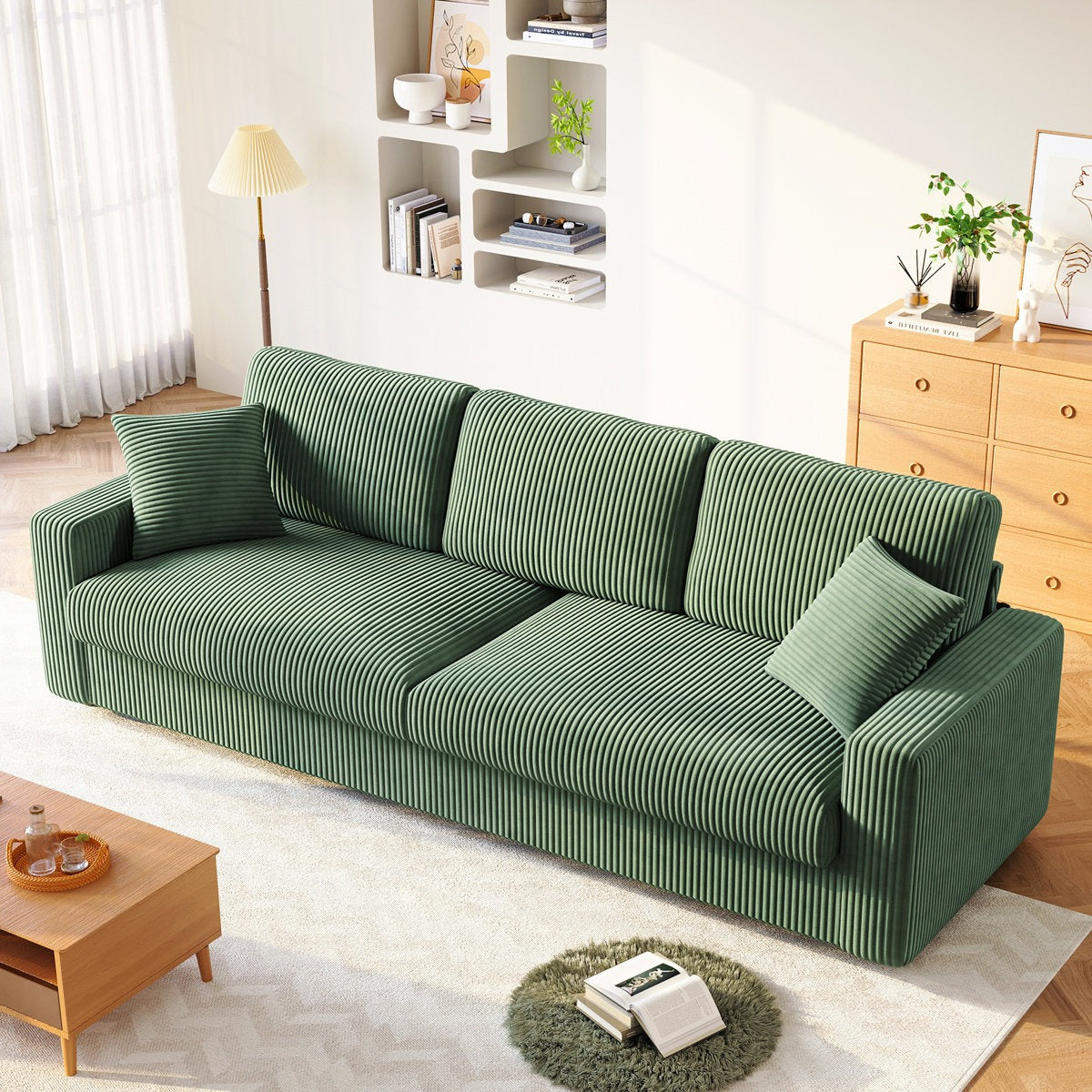 Modern 256cm corduroy sofa, wide armrest, oversized sofa suitable for living room sofa