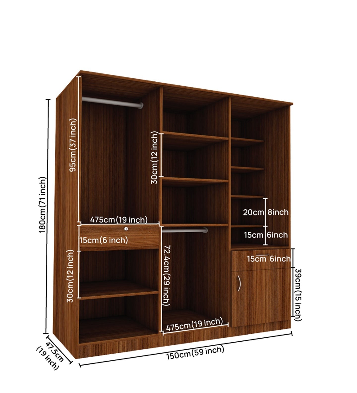 Large Wardrobe cum Dresser | Walnut and Frosty White Without Mirror