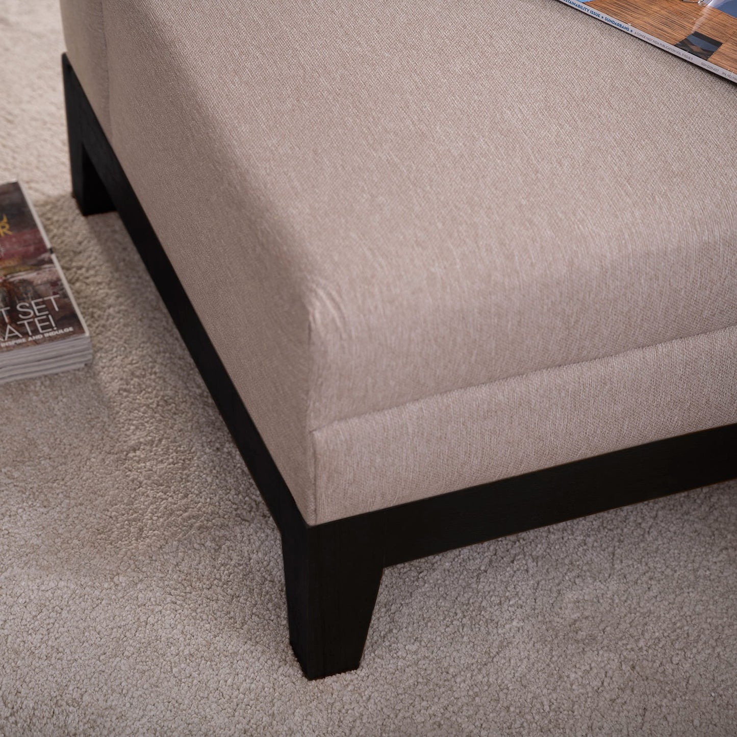 L-Shaped Fabric Sofa in Elegant Beige with Solid Wood Base