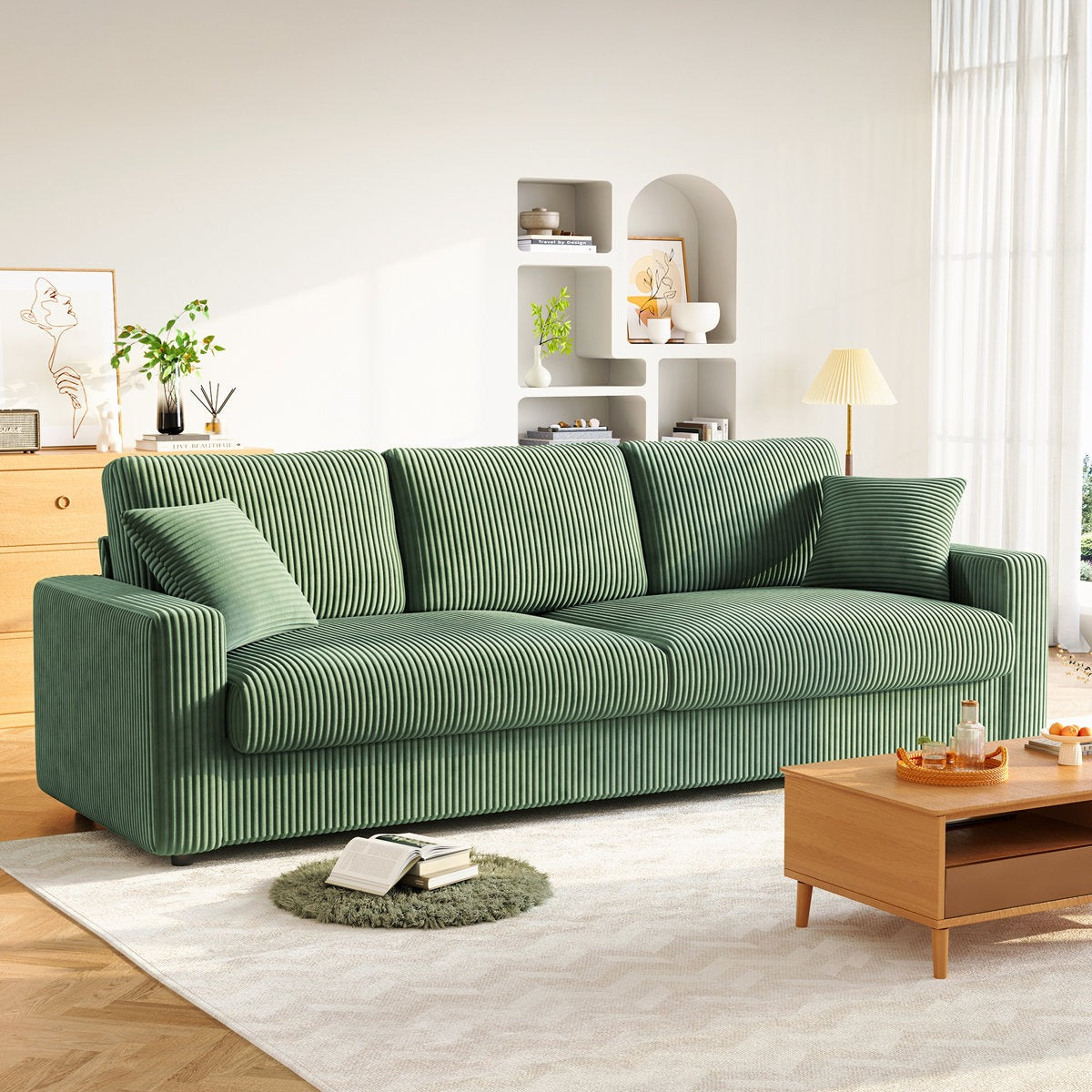 Modern 256cm corduroy sofa, wide armrest, oversized sofa suitable for living room sofa