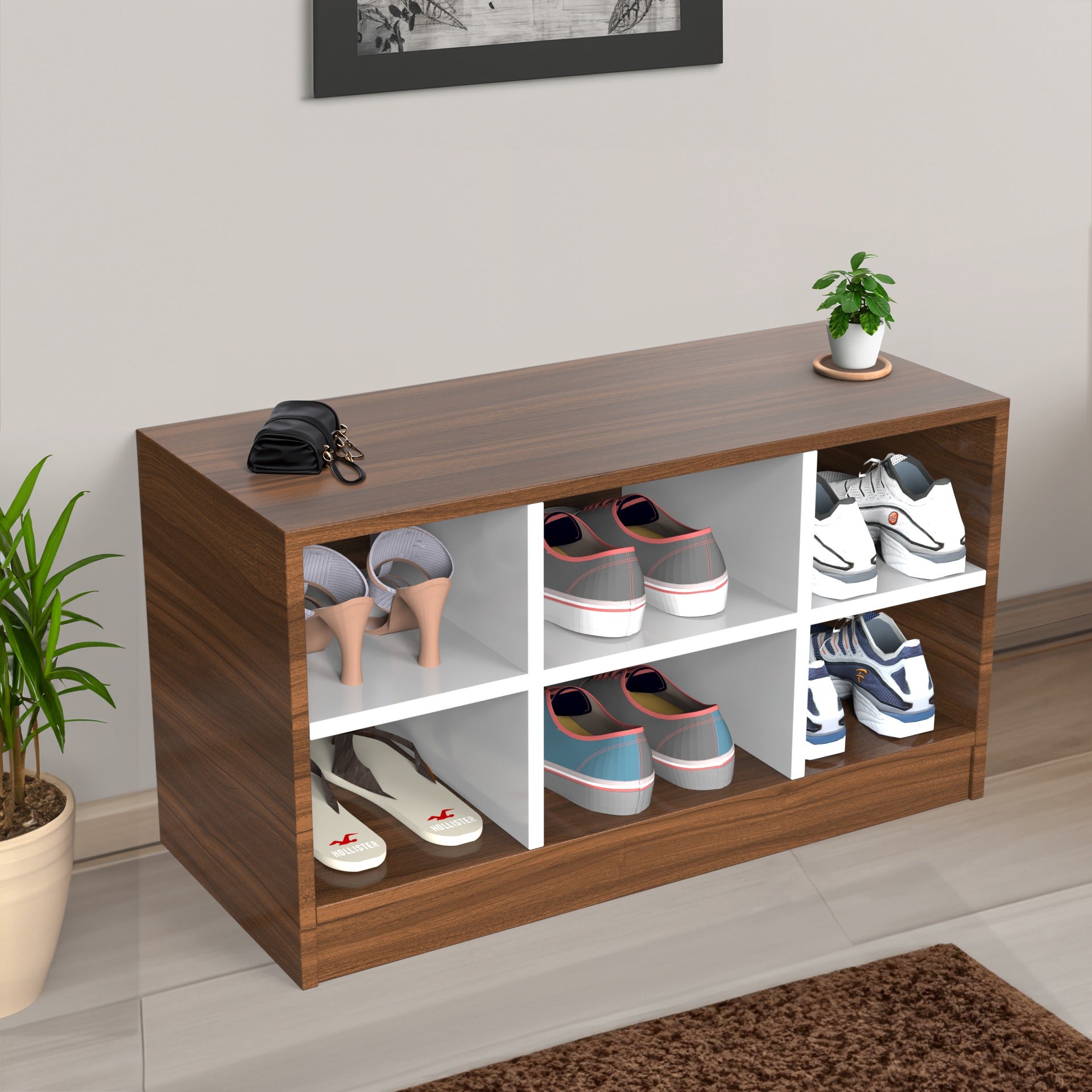 Wooden Open Shoe Rack with 4 Compartments – Compact Footwear Organizer (Holds 6–9 Pairs)