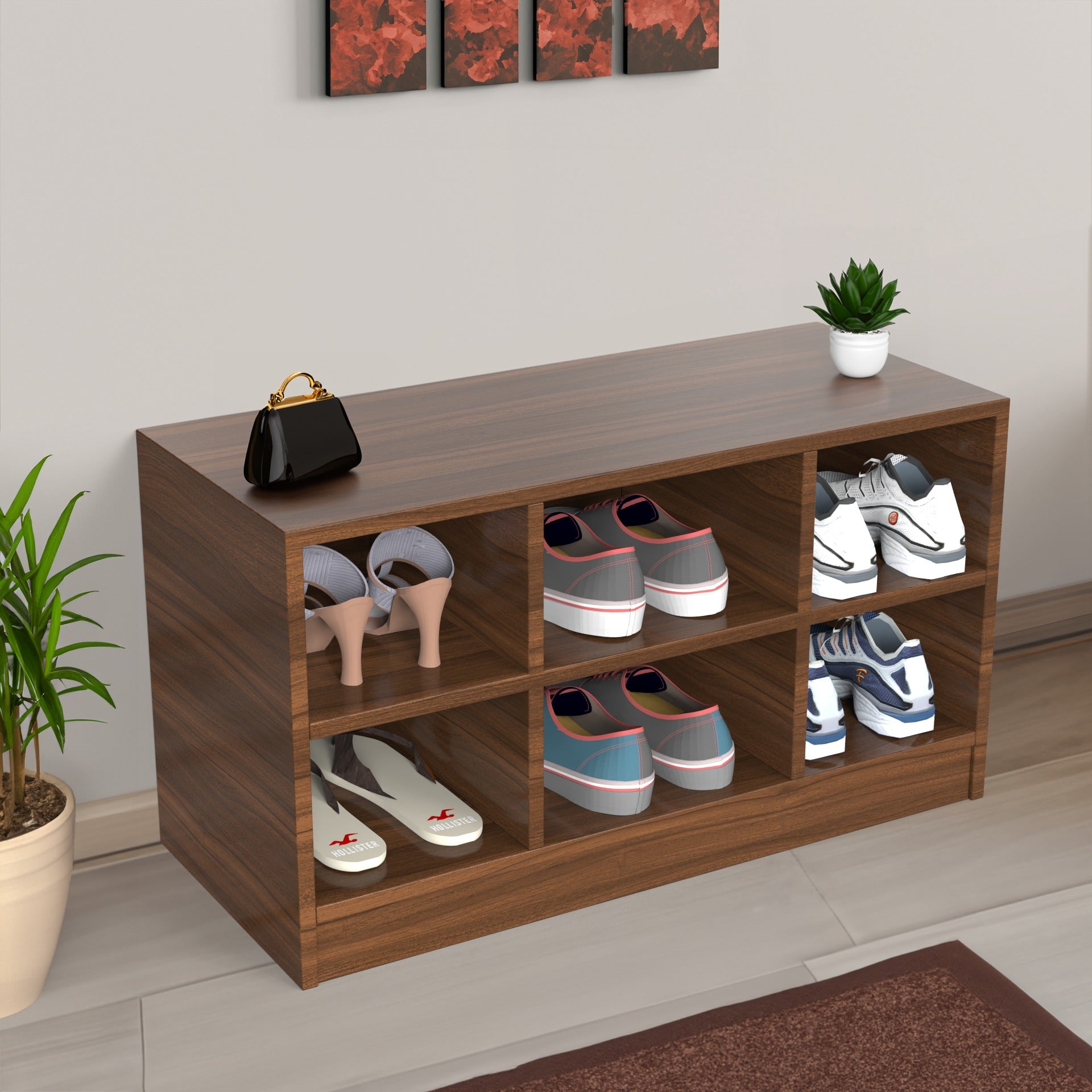 Wooden Open Shoe Rack with 6 Compartments – Footwear Organizer (Holds 6–9 Pairs)