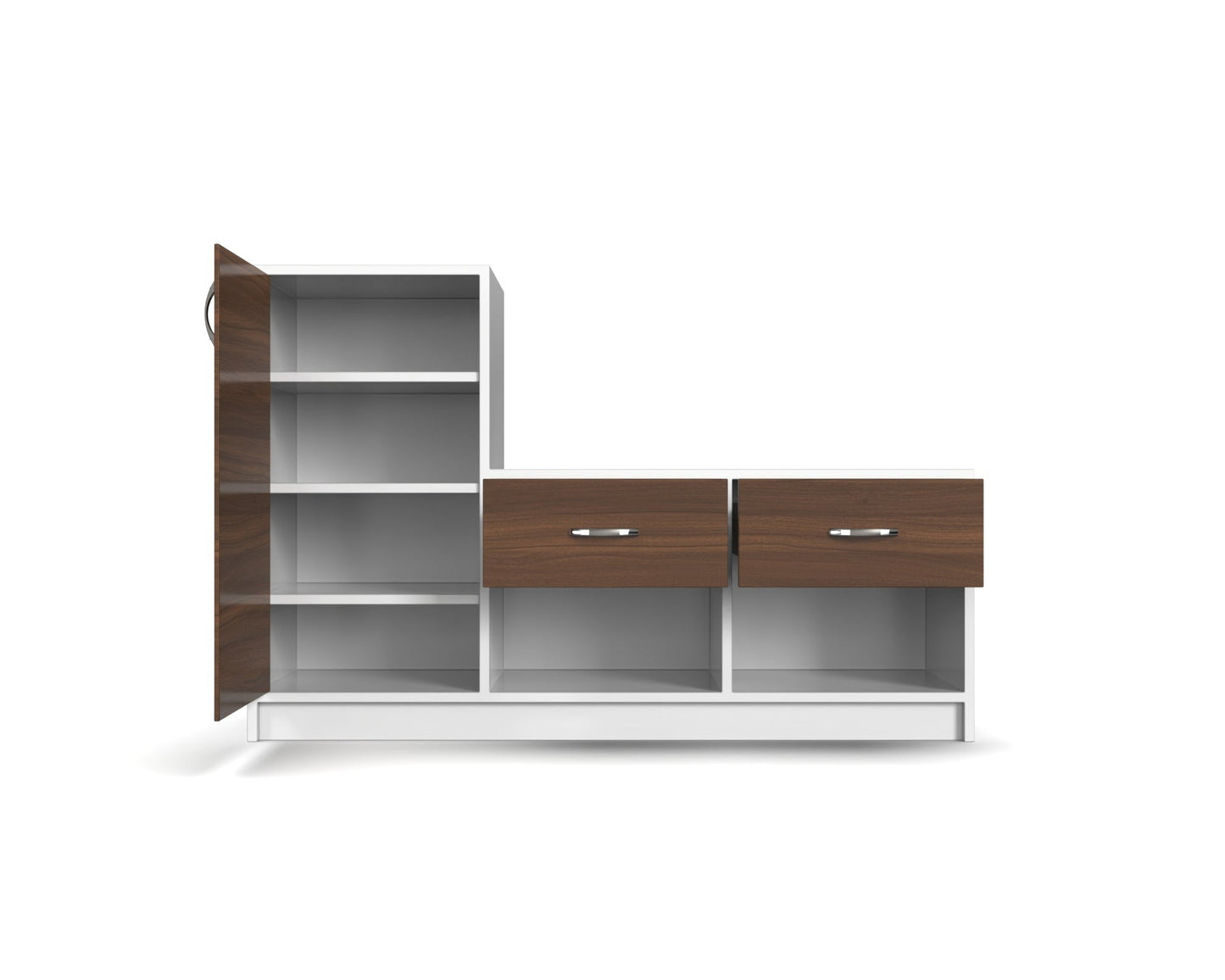 Modern Shoe Rack with Tall Cabinet & Dual Drawers – White & Walnut Finish