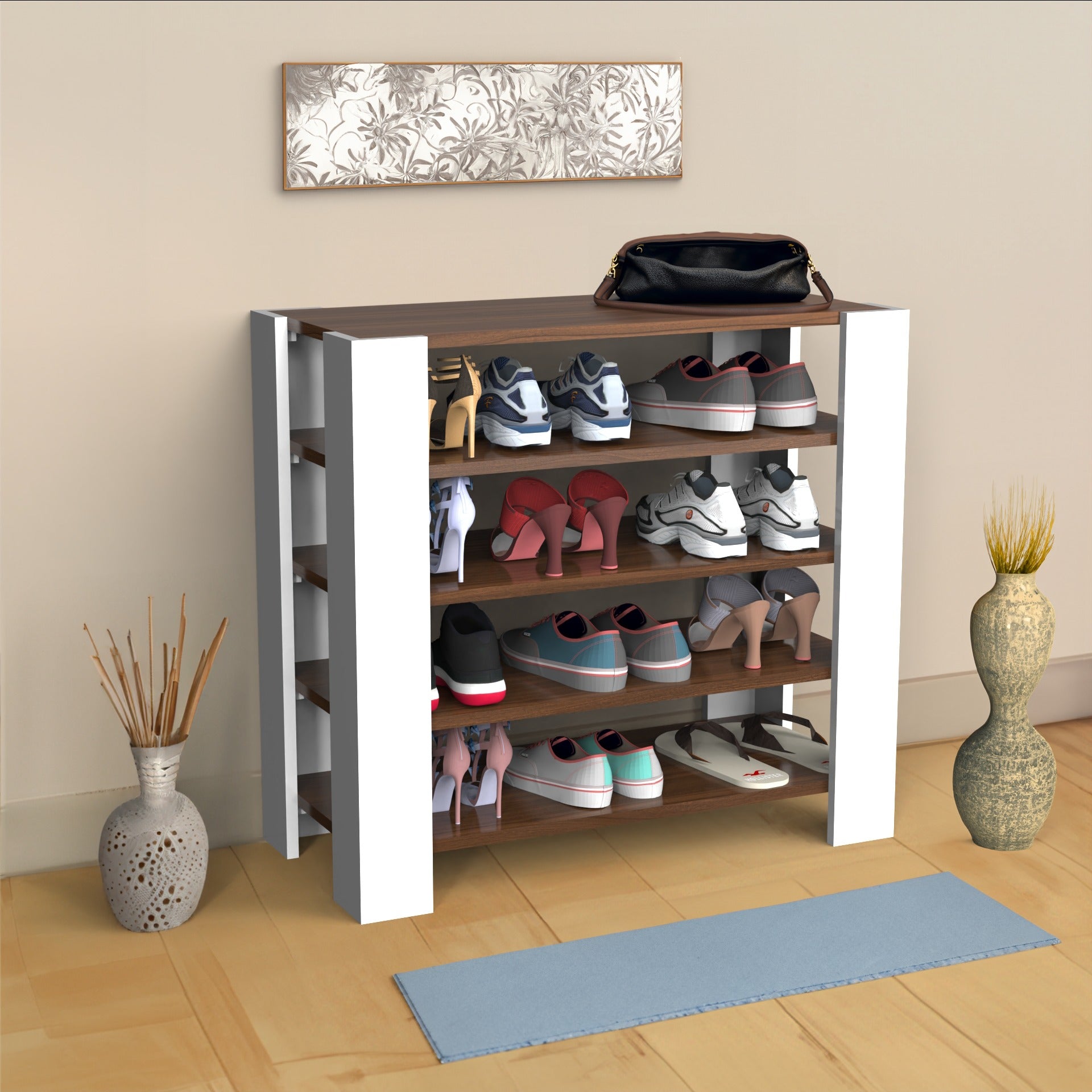 5-Tier Open Shoe Rack – Wooden Footwear Organizer (Holds 12–16 Pairs)
