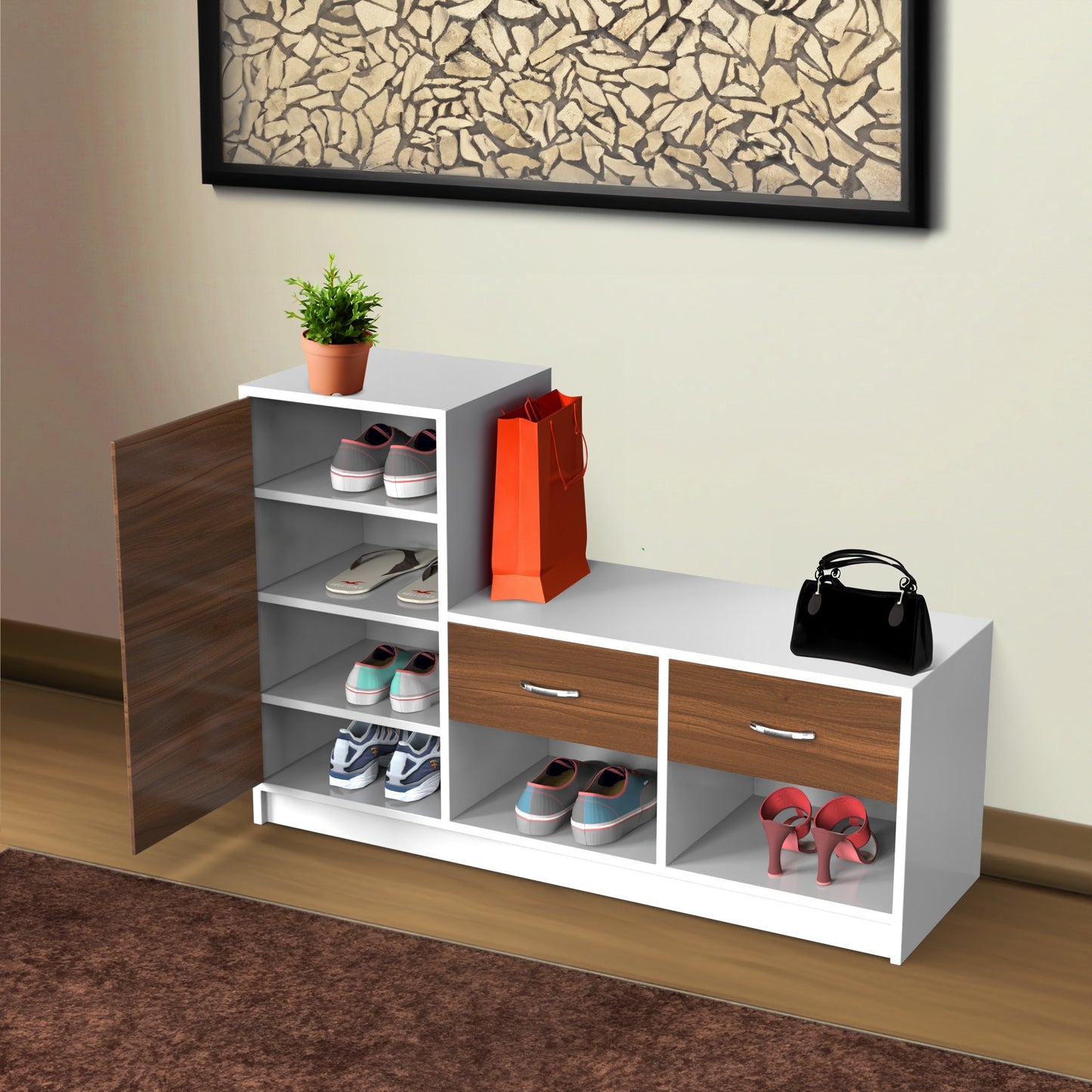 Modern Shoe Rack with Tall Cabinet & Dual Drawers – White & Walnut Finish