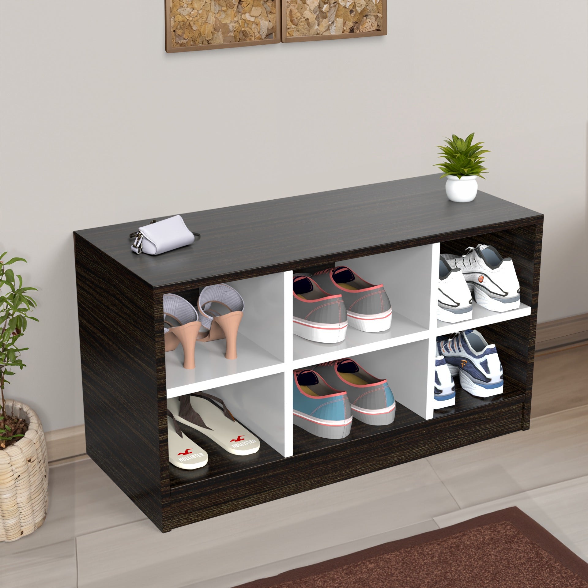 Dark Wood Open Shoe Rack with 4 Compartments – Compact Footwear Organizer (Holds 6–9 Pairs)