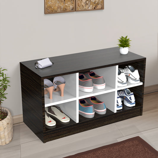 Dark Wood Open Shoe Rack with 4 Compartments – Compact Footwear Organizer (Holds 6–9 Pairs)