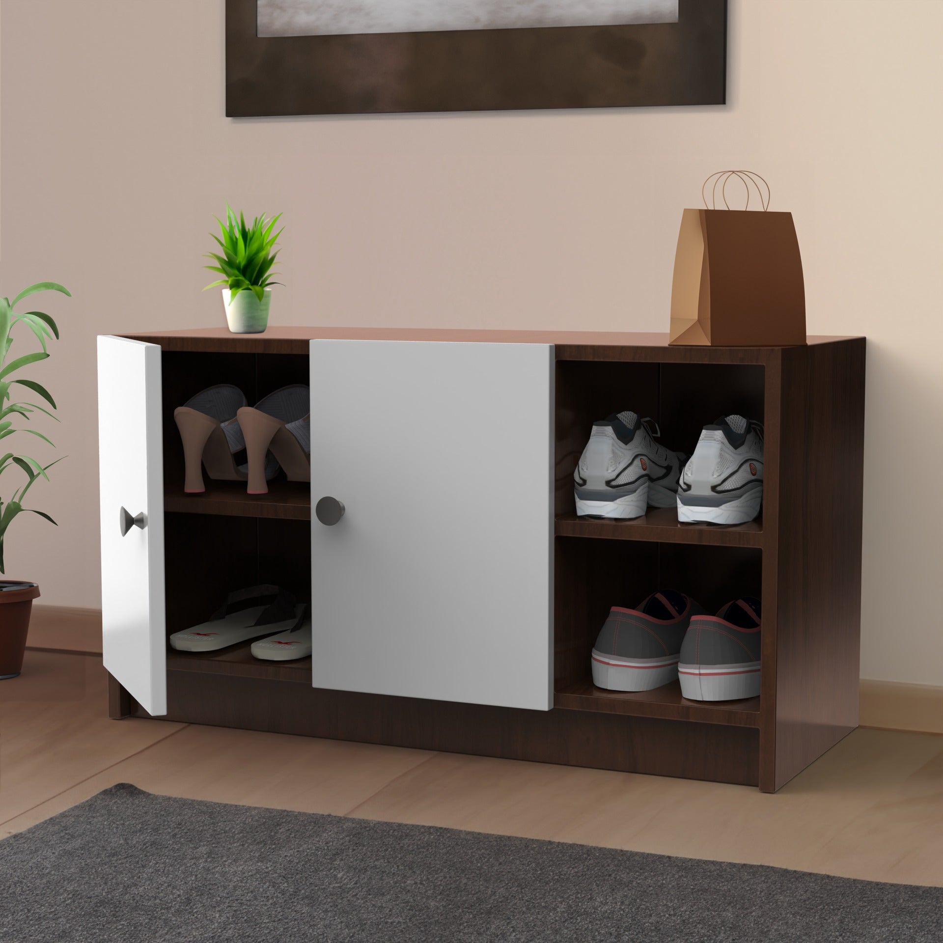 Compact Wooden Shoe Rack with Dual Doors & Side Open Shelves – Holds 6–9 Pairs