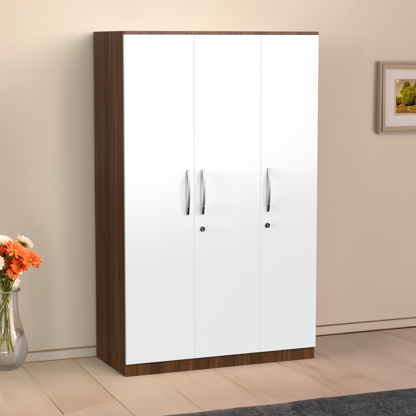 Modern 3-Door Wardrobe with White & Walnut Finish