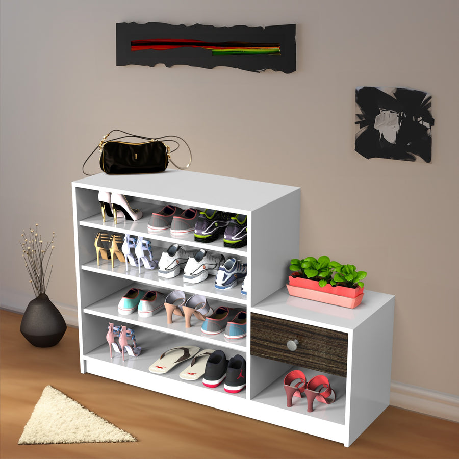 Wide Wooden Shoe Rack with Open Shelves & Storage Drawer – Footwear Organizer (Holds 11–16 Pairs)