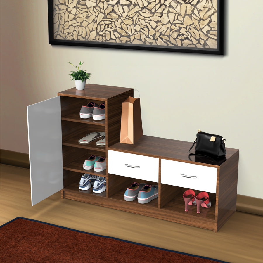 Contemporary Shoe Rack with Side Cabinet & Dual Drawers
