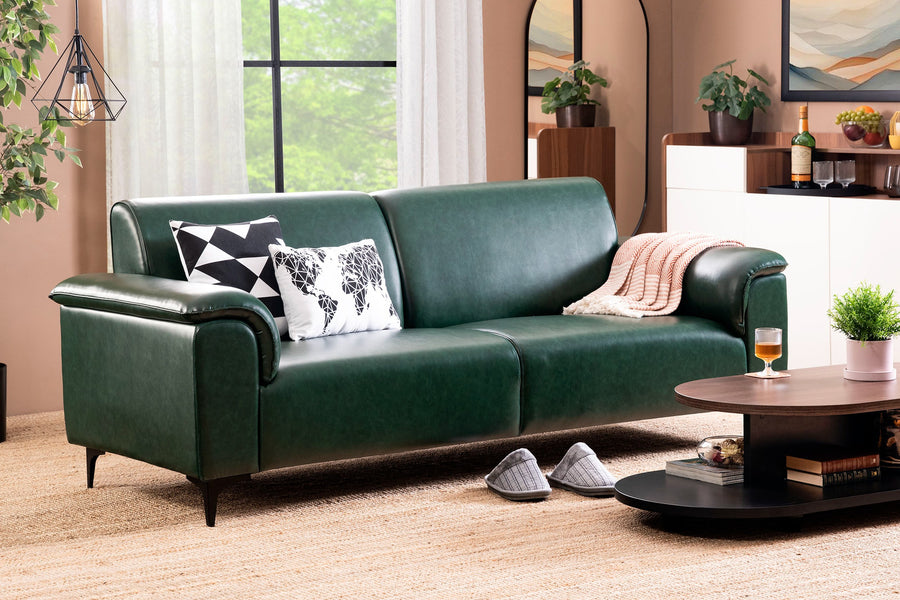 Forest Green Leatherette 3-Seater Sofa – Elegant Design with Premium Comfort
