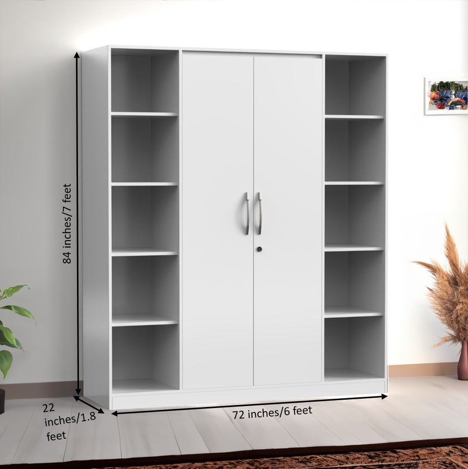 Modern 2-Door Wardrobe with Open Side Shelves & Drawer Storage (6x7 Feet)