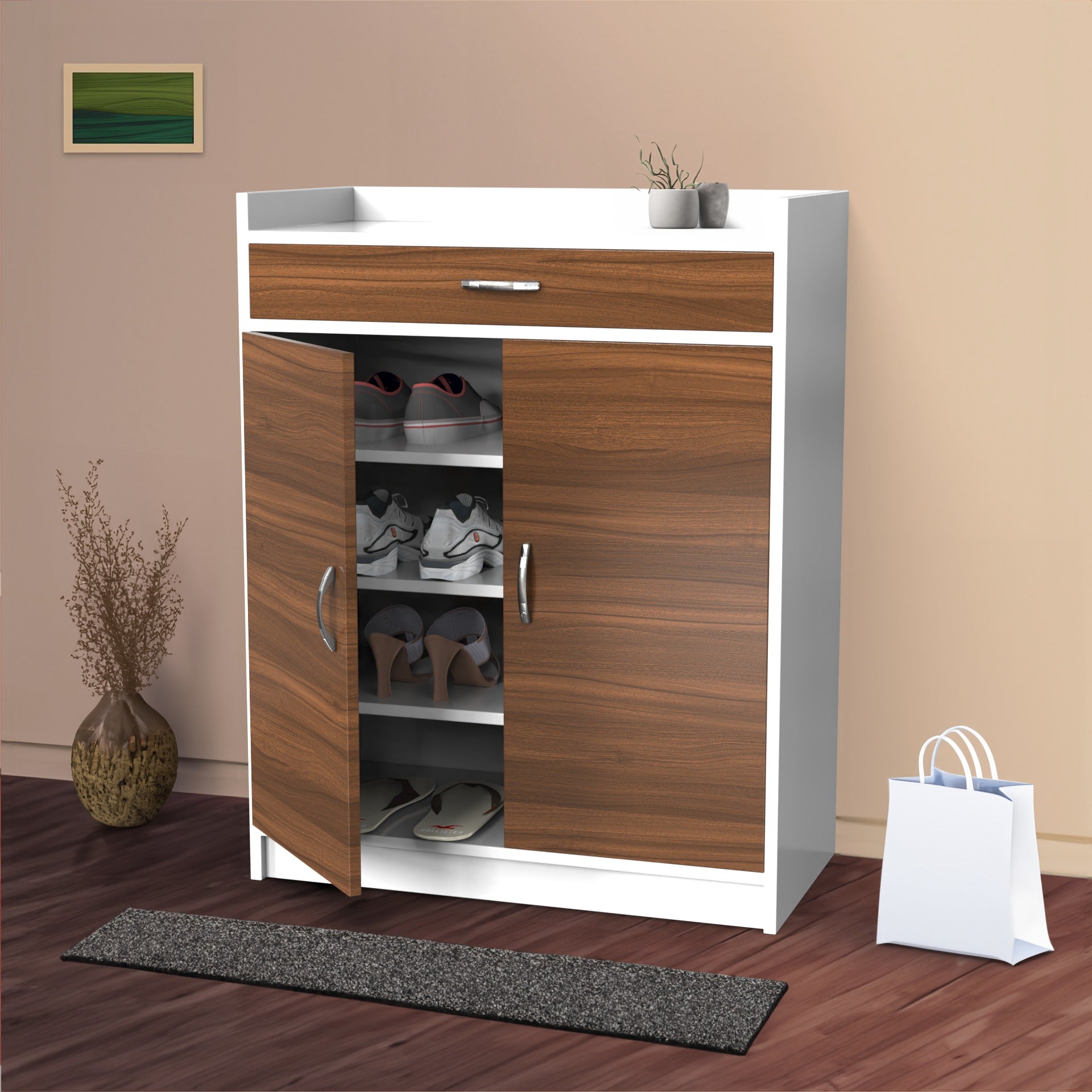 Tall Wooden Shoe Rack with Double Doors & Storage Drawer – Footwear Cabinet (Holds 10–18 Pairs)