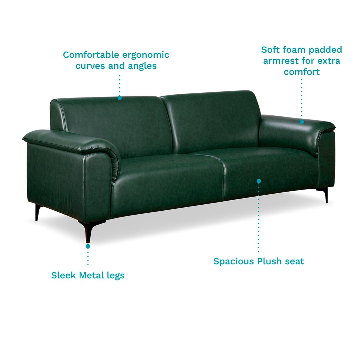 Forest Green Leatherette 3-Seater Sofa – Elegant Design with Premium Comfort