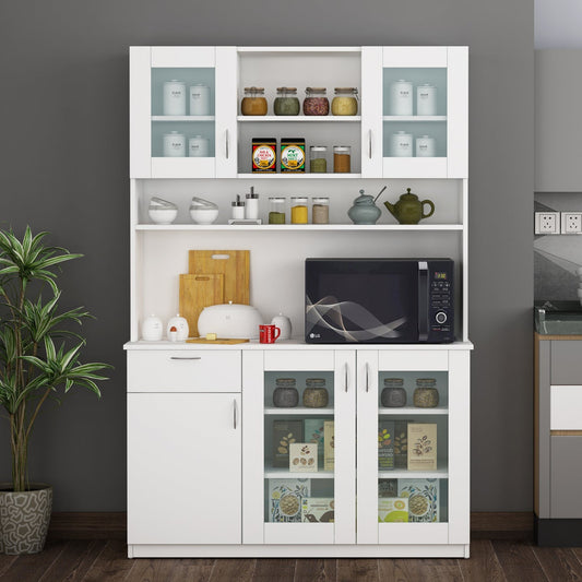 Large Crockery & Microwave Storage Cabinet with Glass Doors