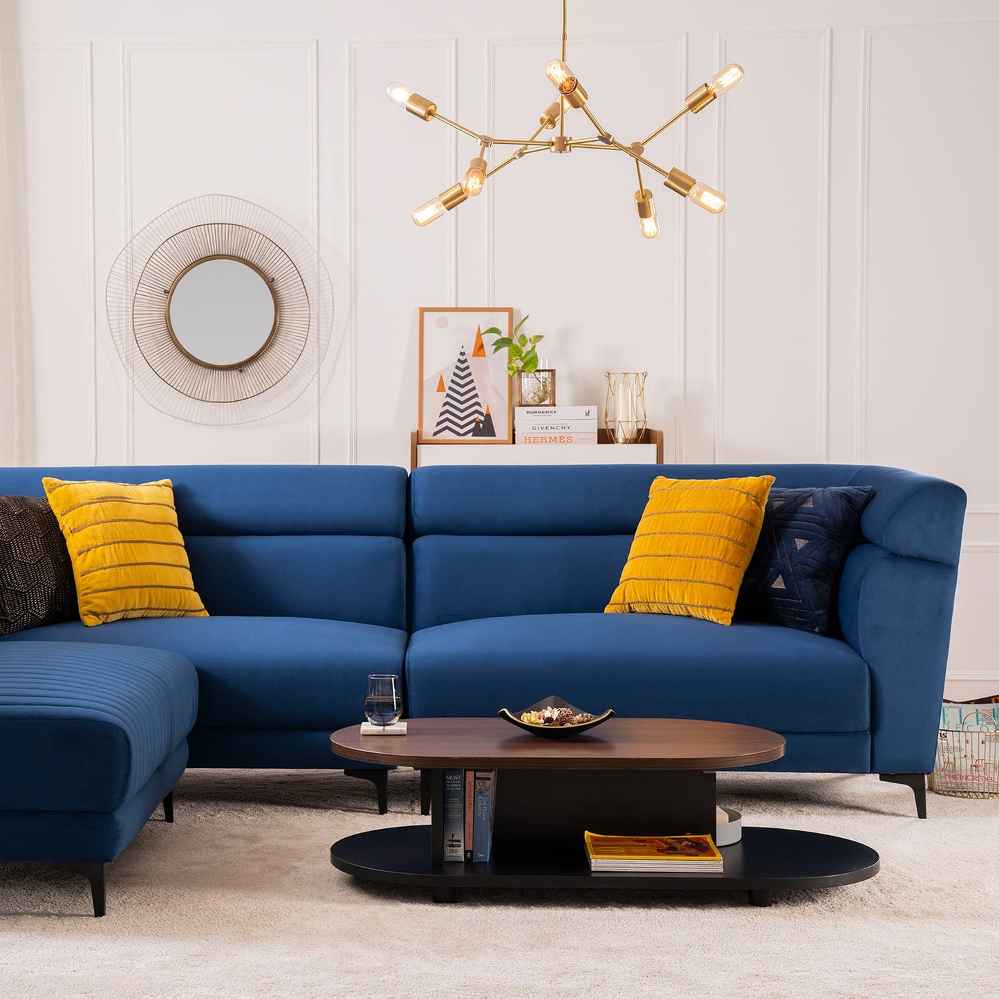 Sapphire Blue Velvet Fabric L-Shape Sofa – Modern Corner Sofa for Living Room