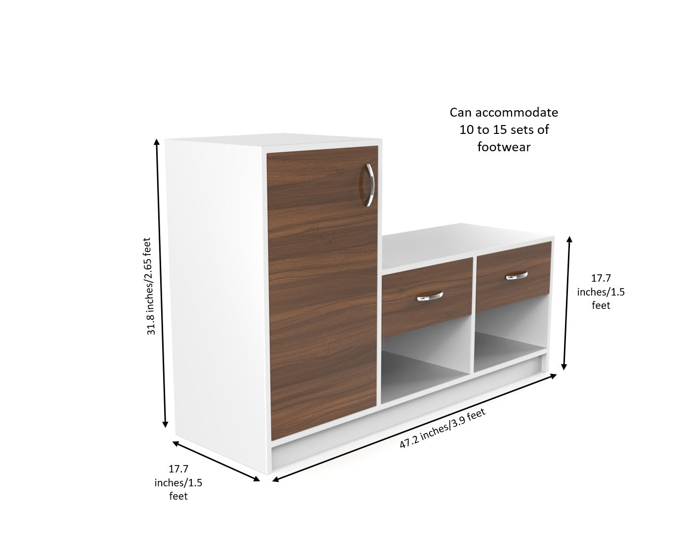Modern Shoe Rack with Tall Cabinet & Dual Drawers – White & Walnut Finish