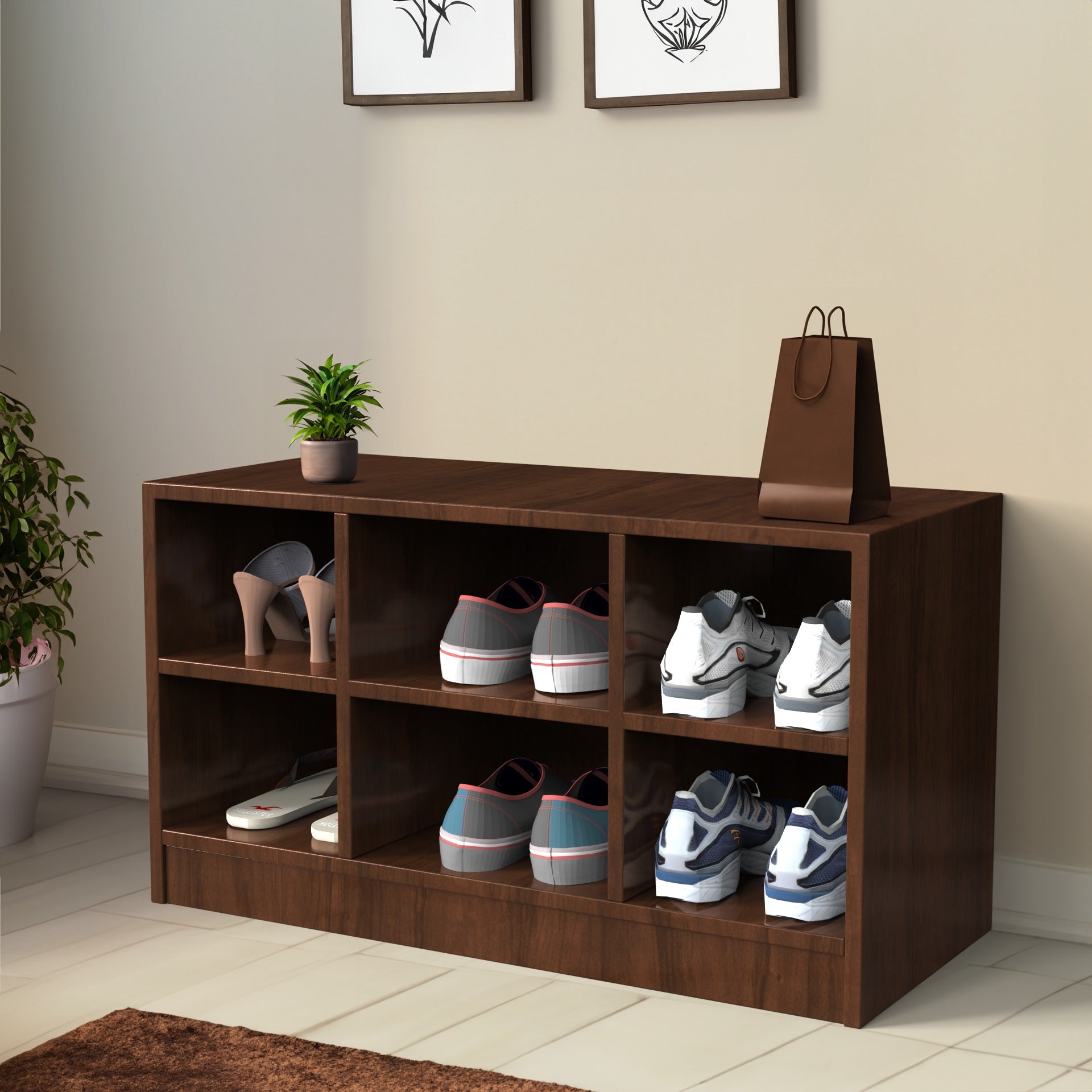 Wooden Open Shoe Rack with 6 Compartments – Compact Footwear Organizer (Holds 6–9 Pairs)