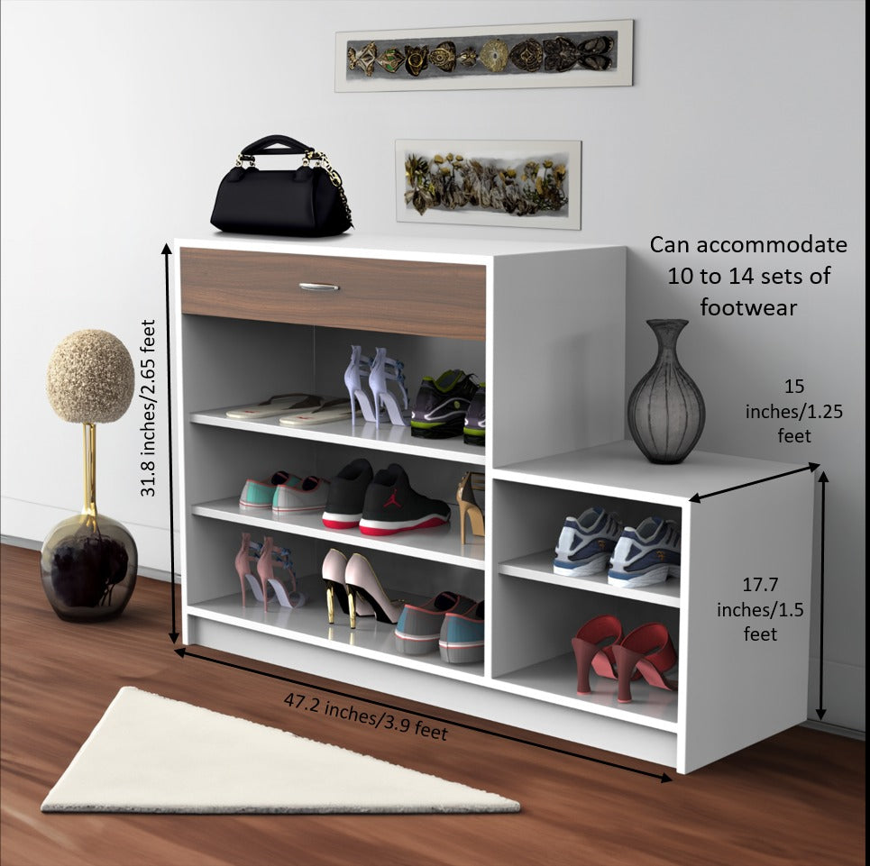 Wide Wooden Shoe Rack with Drawer & Side Shelves – Footwear Organizer (Holds 10–14 Pairs)