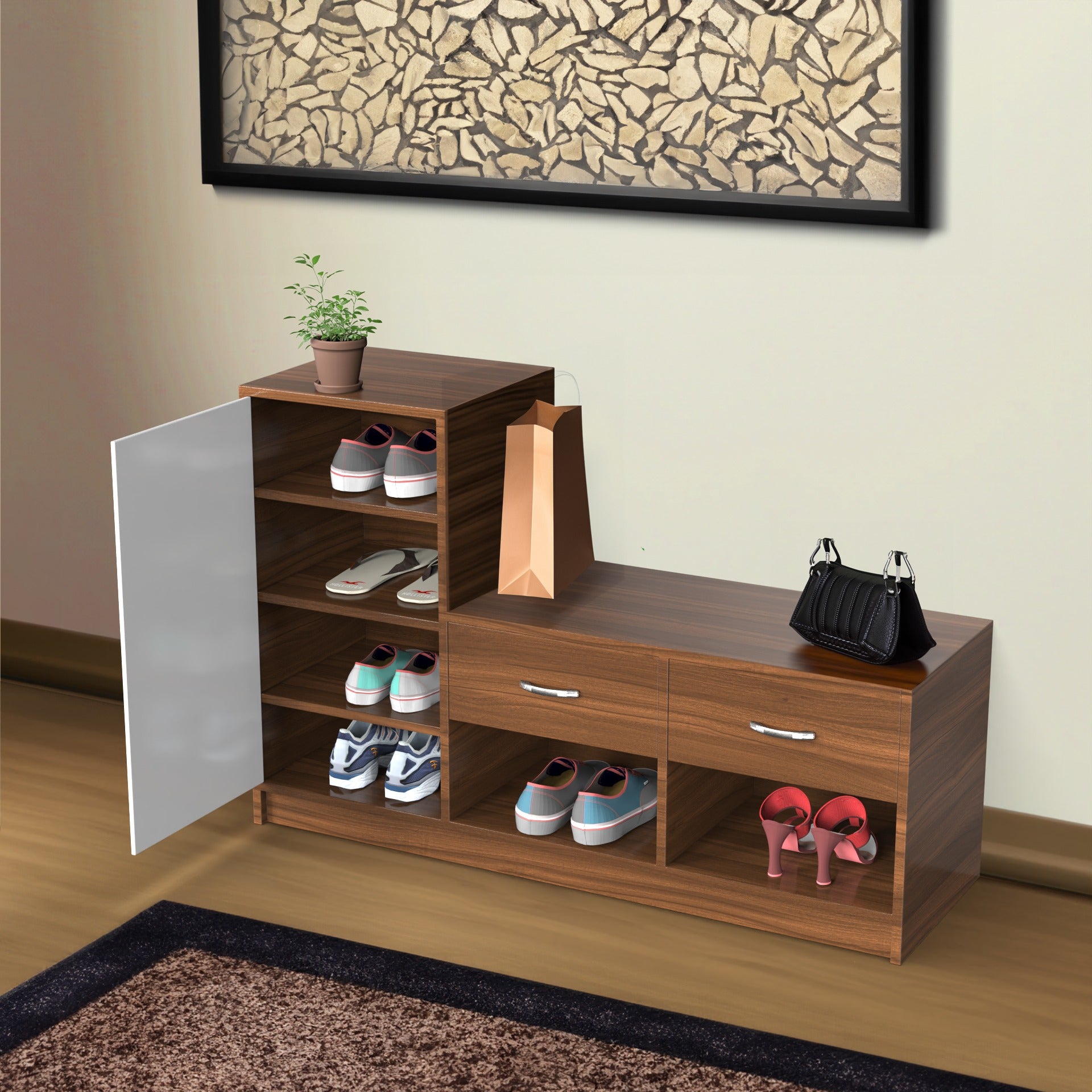 Modern Two-Tone Shoe Rack with Dual Storage & Side Cabinet