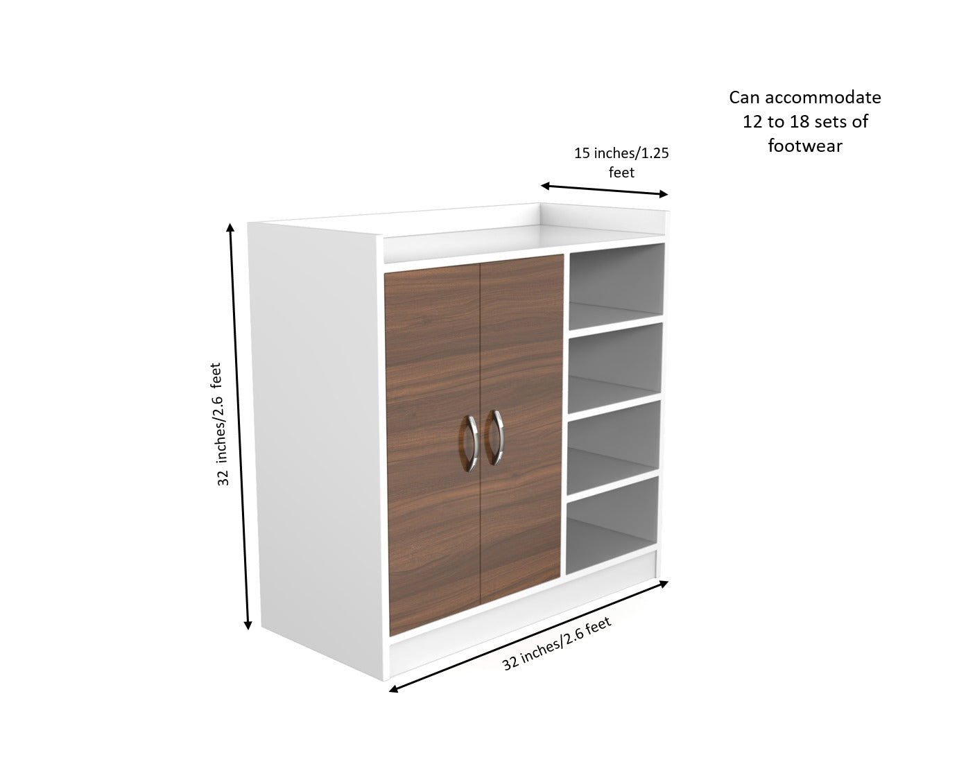 Wooden Shoe Rack with Double Doors & Open Side Shelves – Footwear Organizer (Holds 12–18 Pairs)