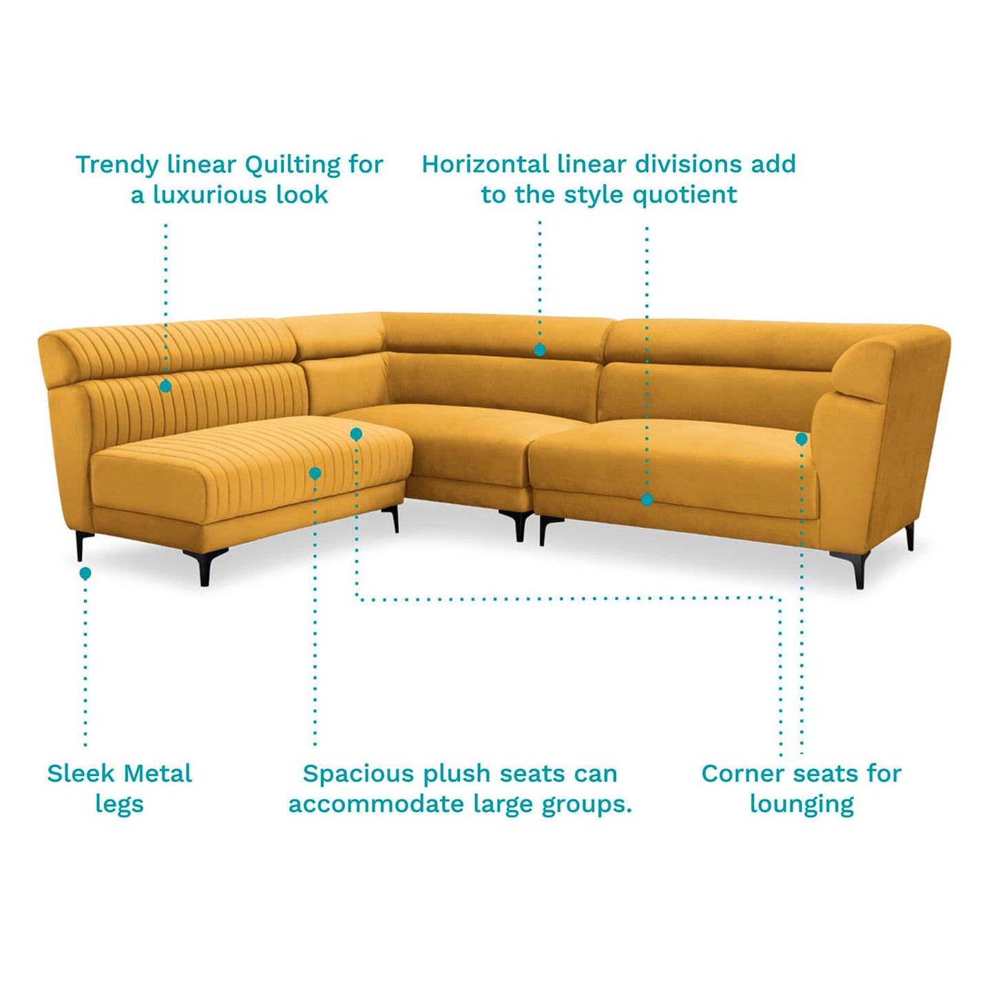 Mustard Yellow Velvet L-Shape Sofa – Spacious Sectional with Modern Quilted Design