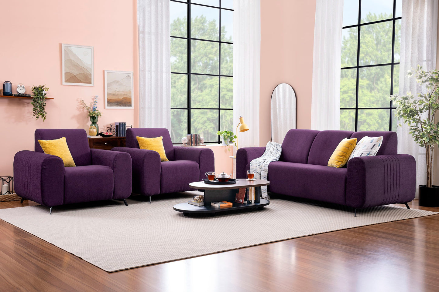 Purple Berry Fabric 3+1+1 Sofa Set – Modern Comfort & Stylish Living Room Furniture