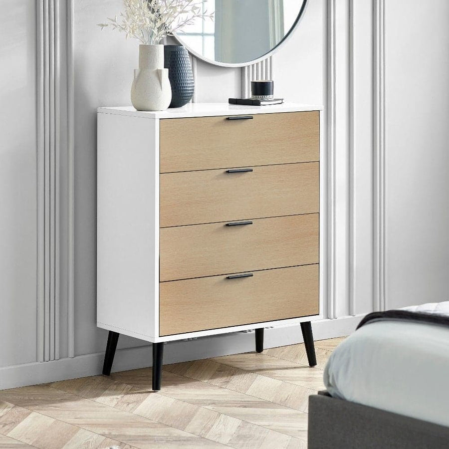 White & Oak 4‑Drawer Wide Chest
