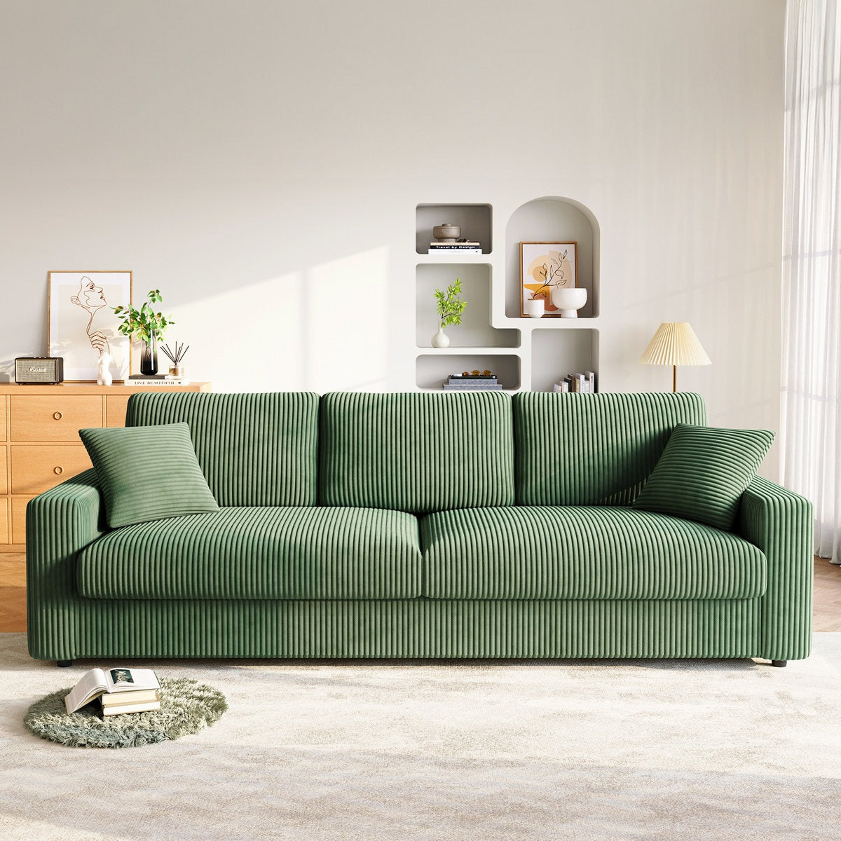Modern 256cm corduroy sofa, wide armrest, oversized sofa suitable for living room sofa