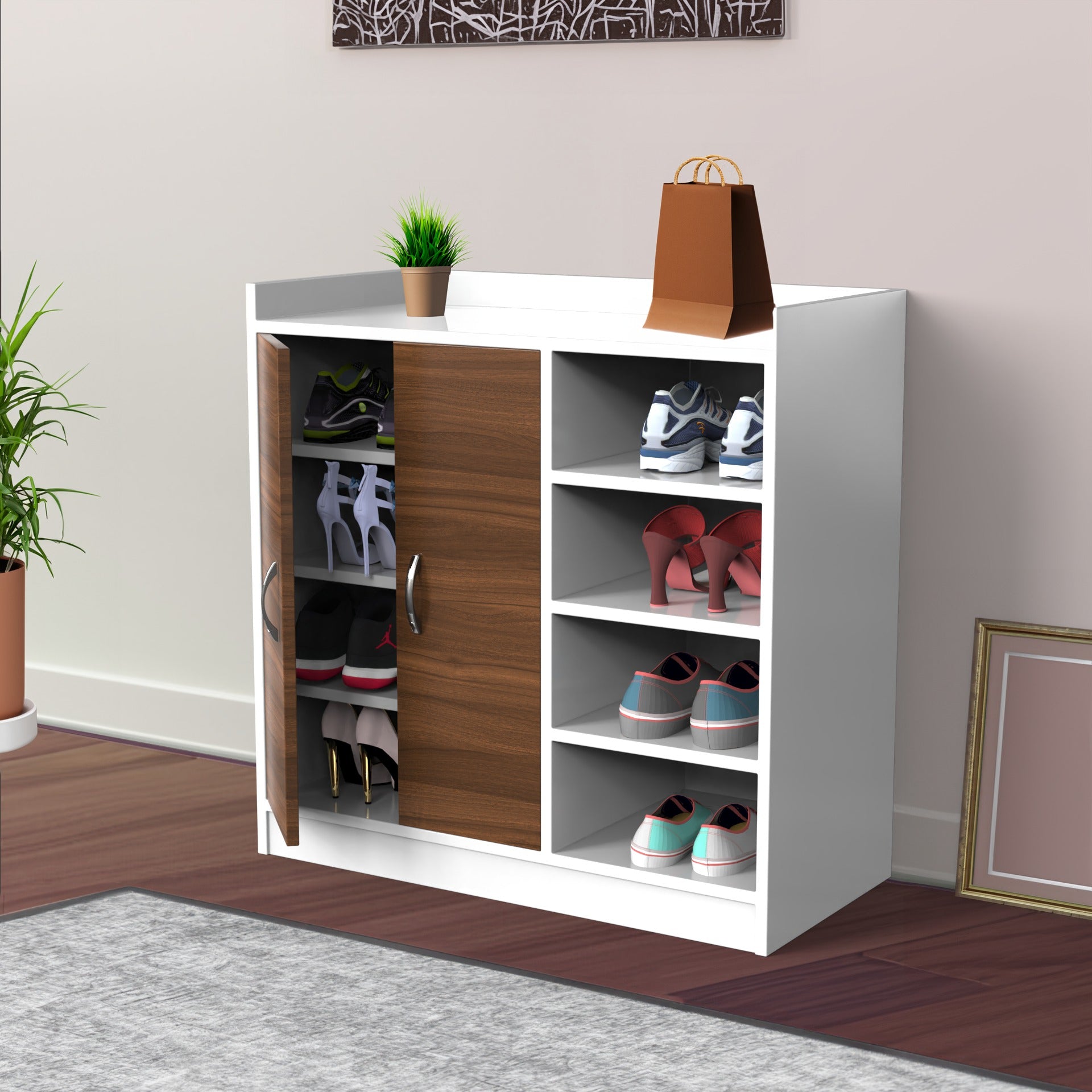 Wooden Shoe Rack with Double Doors & Open Side Shelves – Footwear Organizer (Holds 12–18 Pairs)