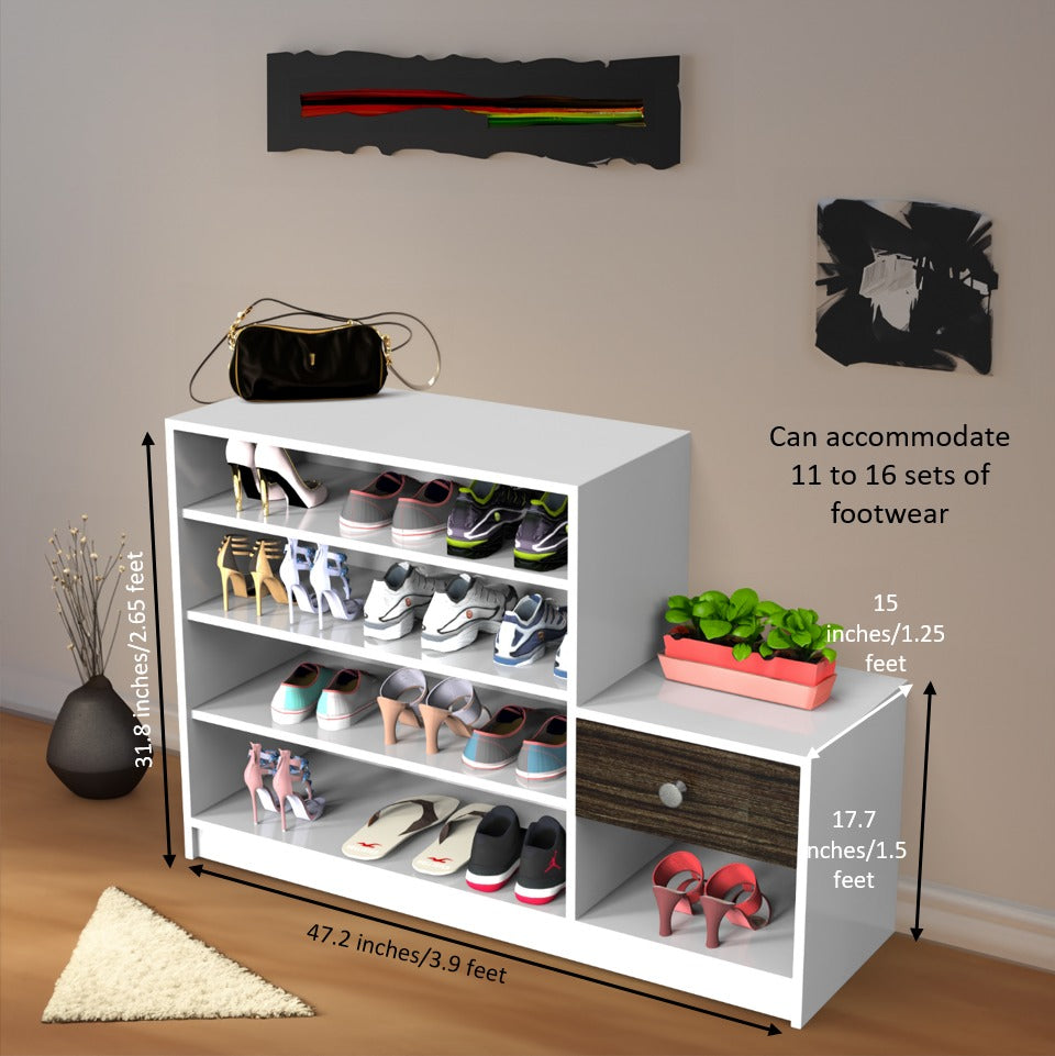 Wide Wooden Shoe Rack with Open Shelves & Storage Drawer – Footwear Organizer (Holds 11–16 Pairs)