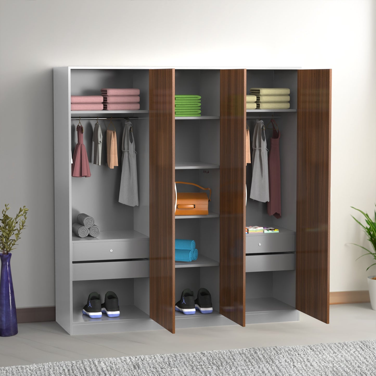 3 Door Wooden Wardrobe with Hanging Space & Shelves (6 Ft)