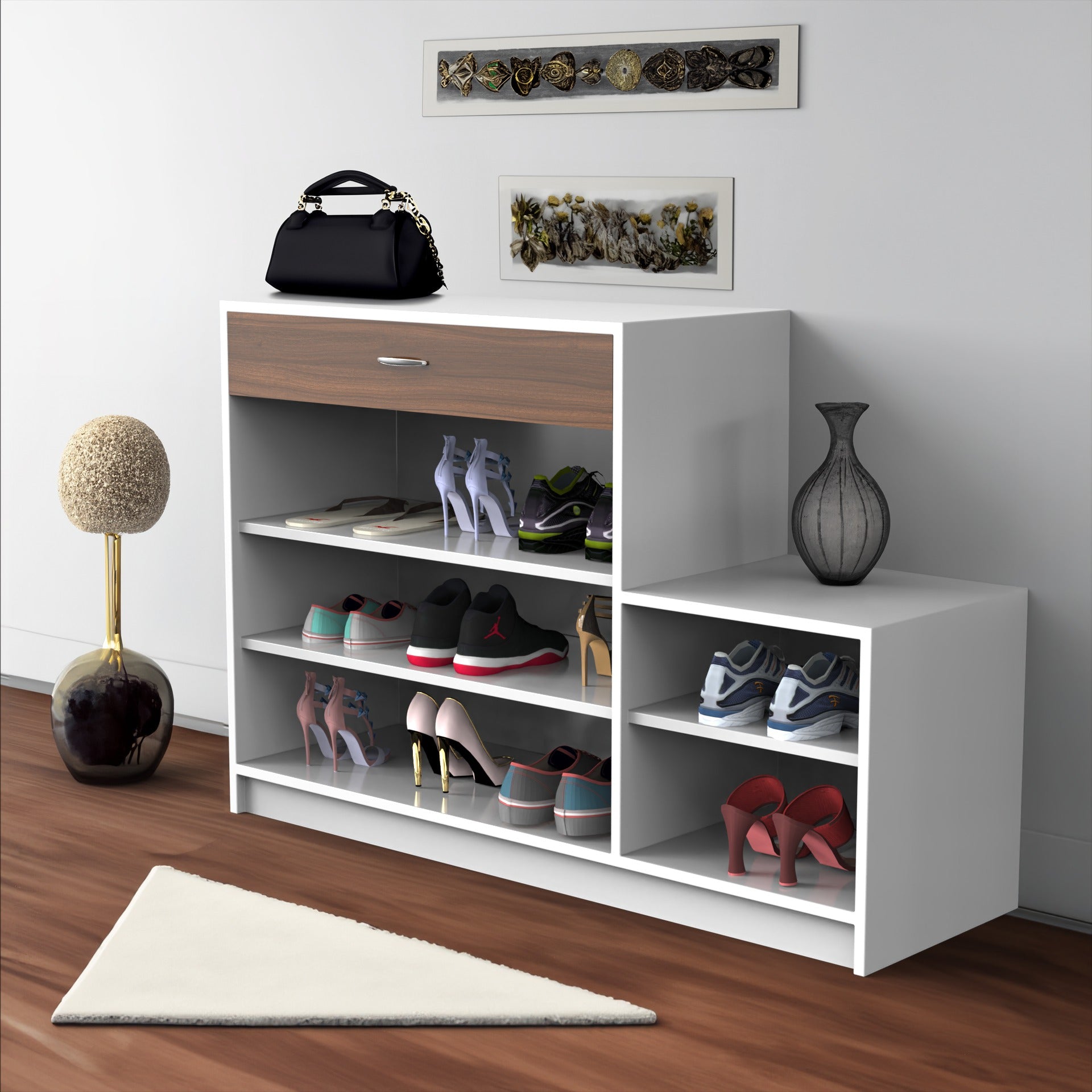 Wide Wooden Shoe Rack with Drawer & Side Shelves – Footwear Organizer (Holds 10–14 Pairs)