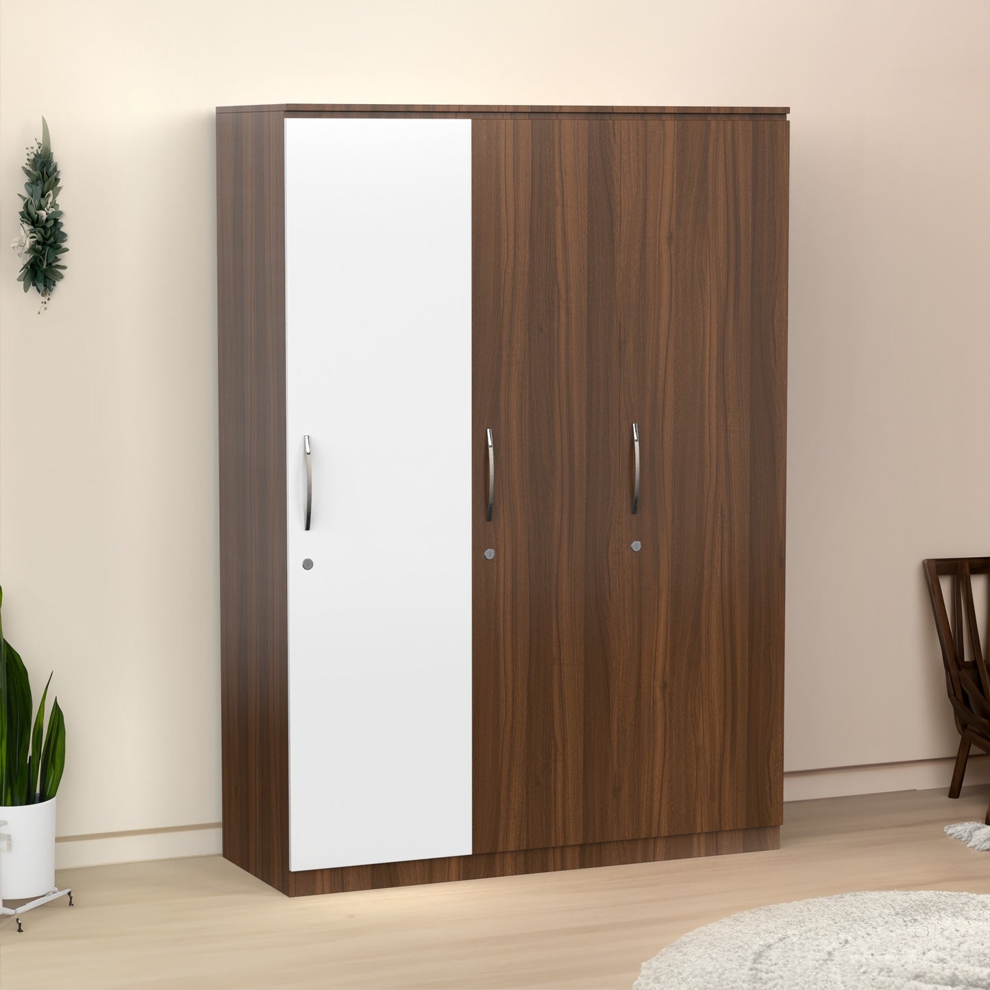 OmkarWood 3 Door Wardrobe with Hanging Space & Shelves