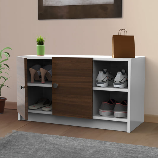 Wooden Shoe Rack with Doors & Open Shelves – Compact Footwear Storage (Holds 6–9 Pairs)