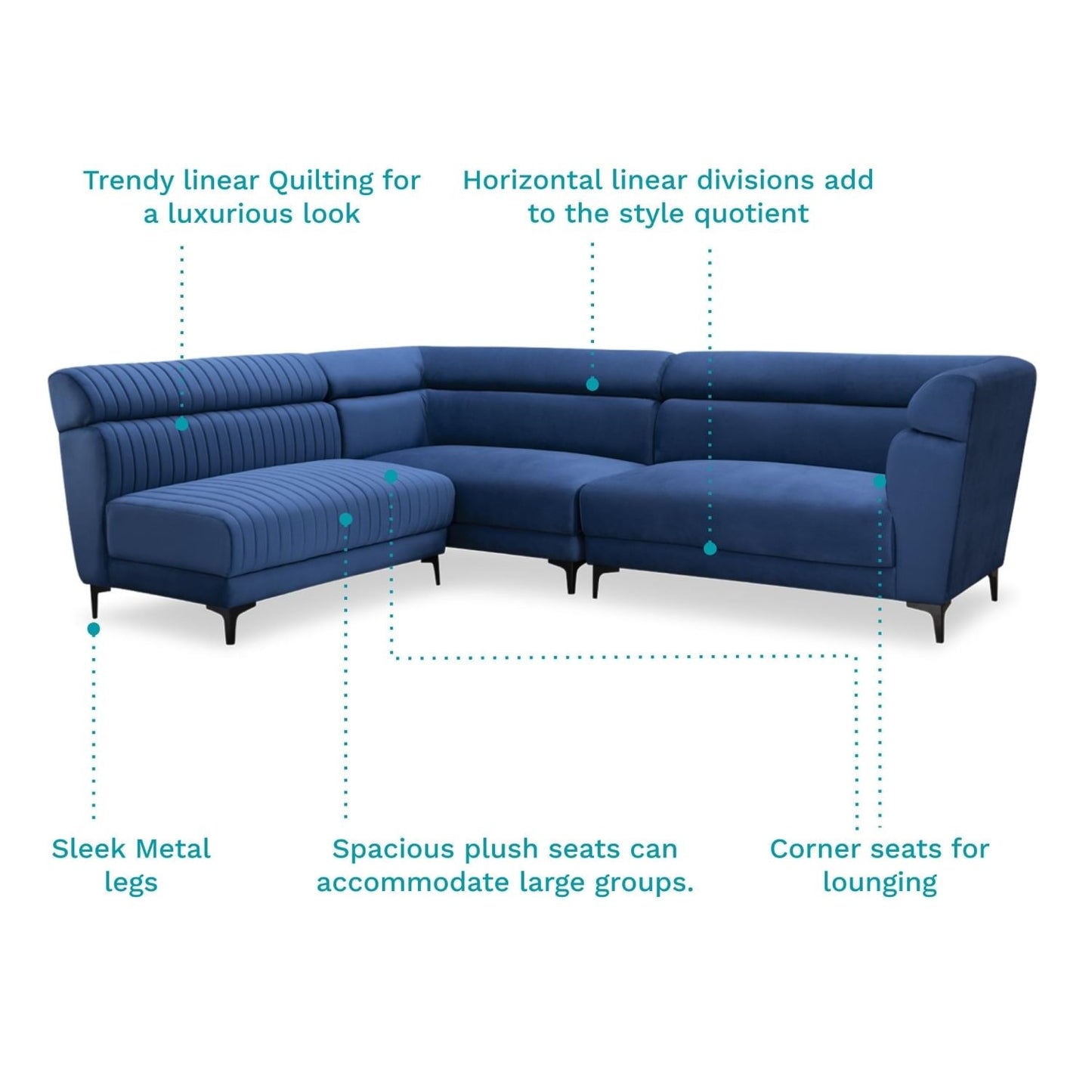 Sapphire Blue Velvet Fabric L-Shape Sofa – Modern Corner Sofa for Living Room