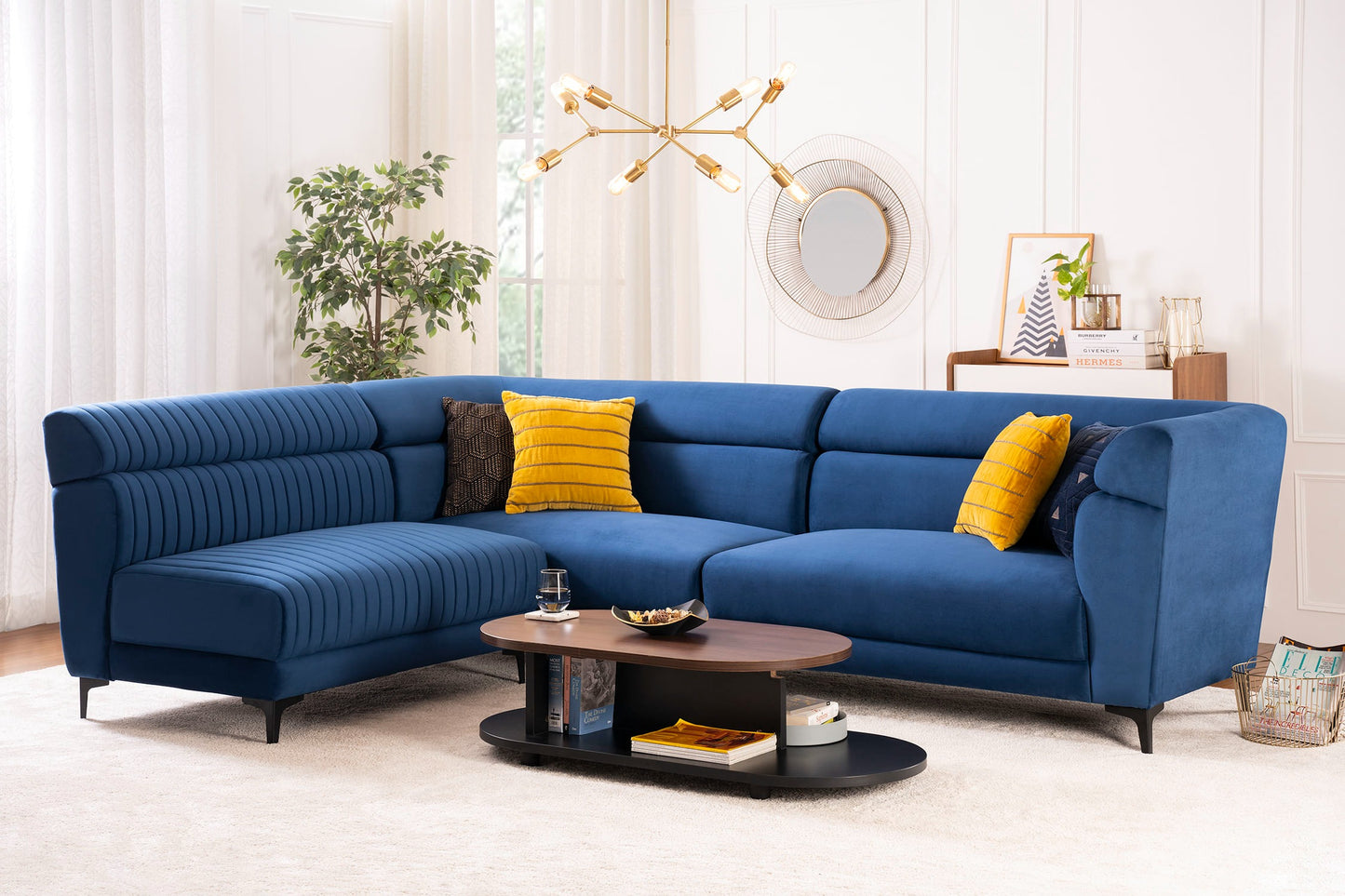 Sapphire Blue Velvet Fabric L-Shape Sofa – Modern Corner Sofa for Living Room