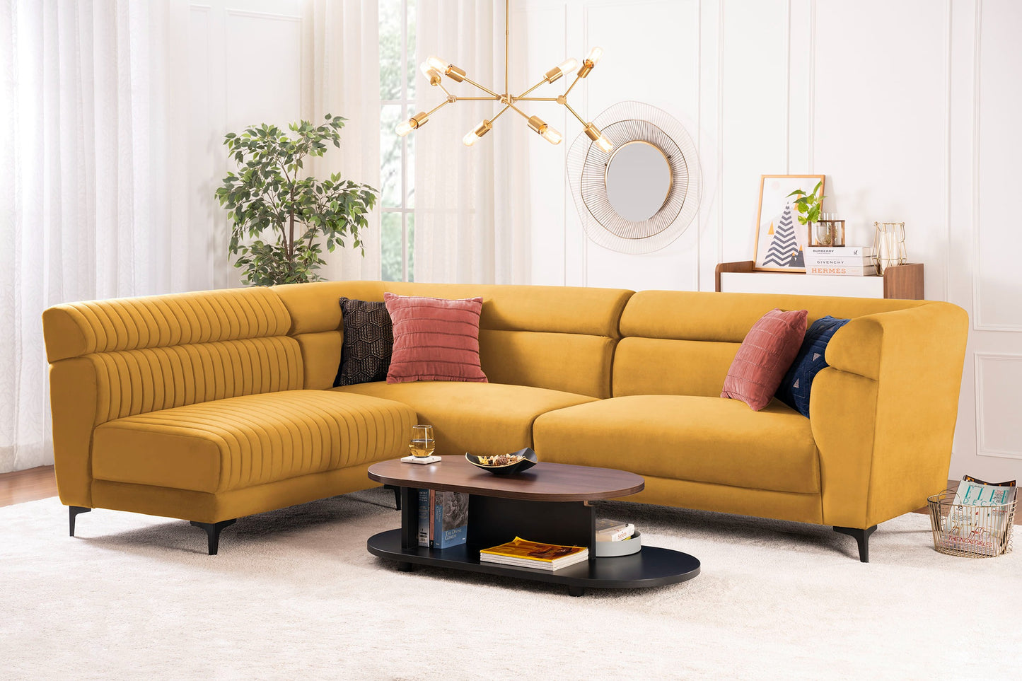Mustard Yellow Velvet L-Shape Sofa – Spacious Sectional with Modern Quilted Design